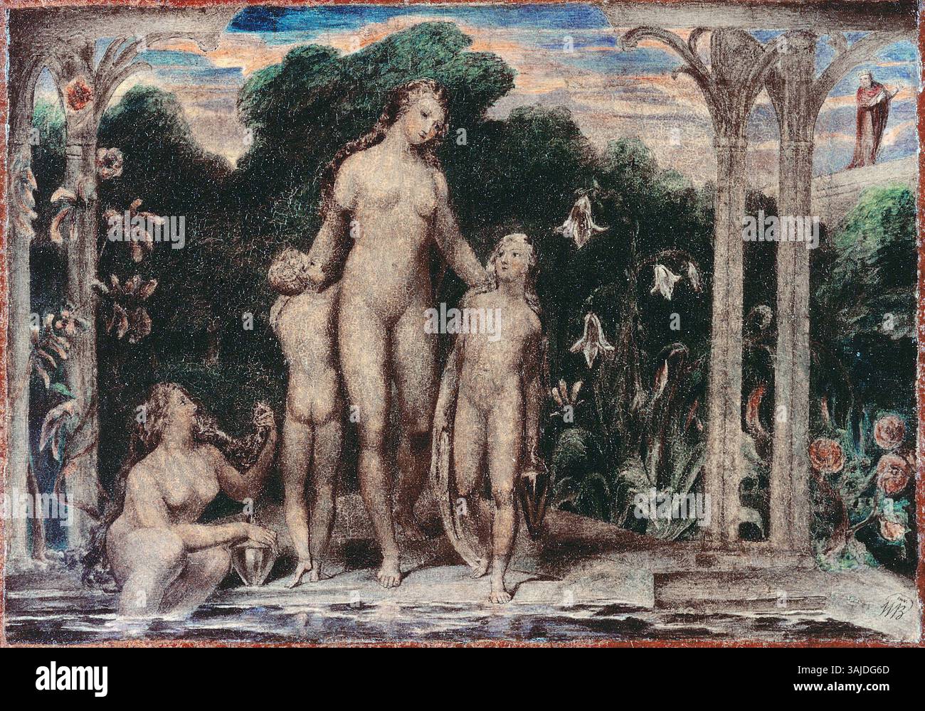 *Bathsheba at the Bath* de William Blake, peint entre 1799 et 1800, illustre la figure biblique de Bathsheba. Cette peinture à la tempera et à l'encre reflète l'approche unique de Blake sur les sujets religieux et mythologiques. L'œuvre est conservée à la Tate Britain. Banque D'Images