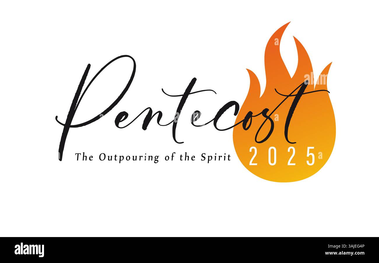 Pentecost Sunday 2025 création de logo. L'effusion de l'esprit - concept de typographie avec flamme et texte pour la conception de bannières web. Carte vectorielle Illustration de Vecteur