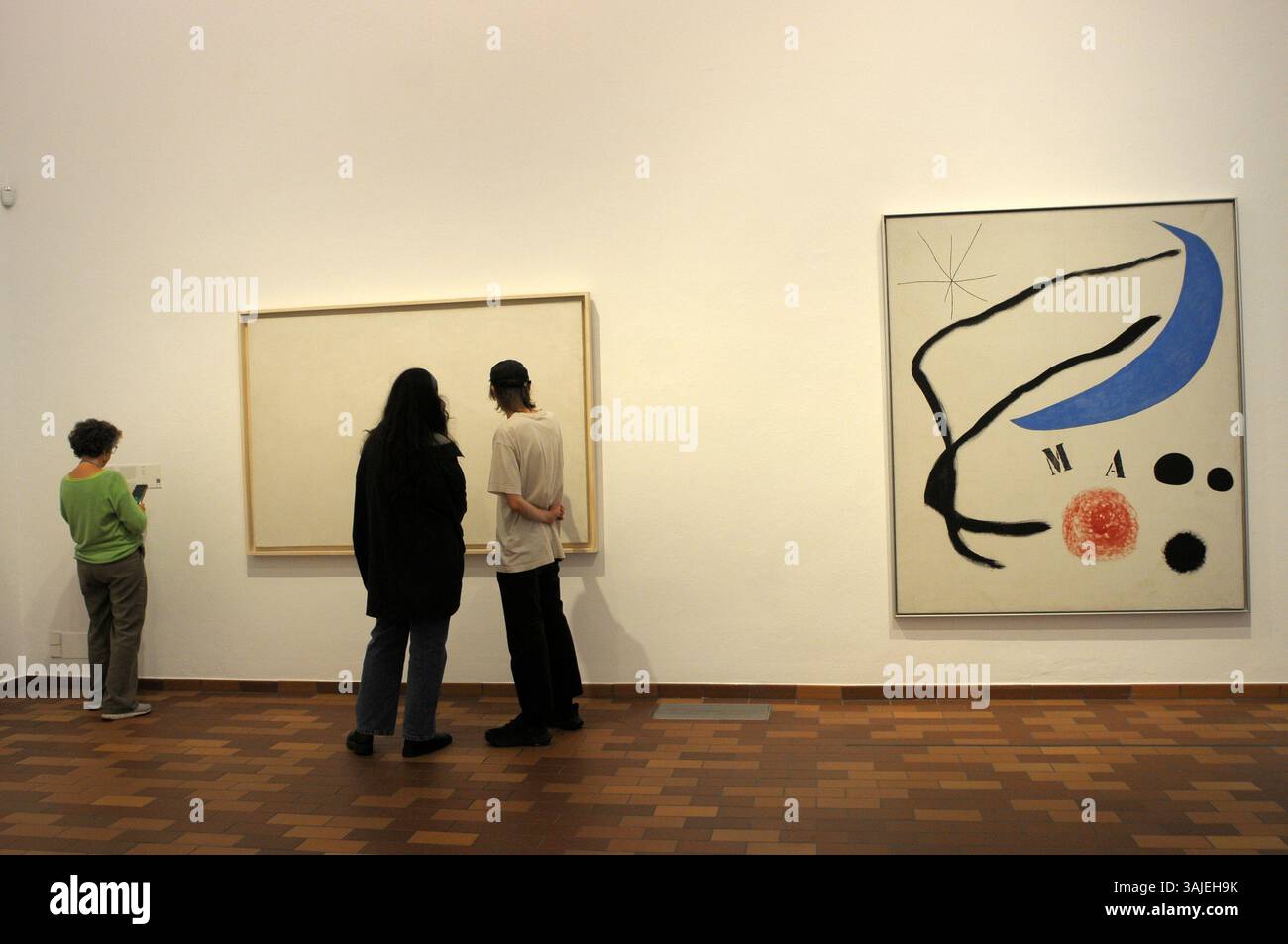 Peinture , sortie d'art, les gens regardant une peinture à Fundacio Miró ; Montjuic ; ville de Barcelone. Banque D'Images