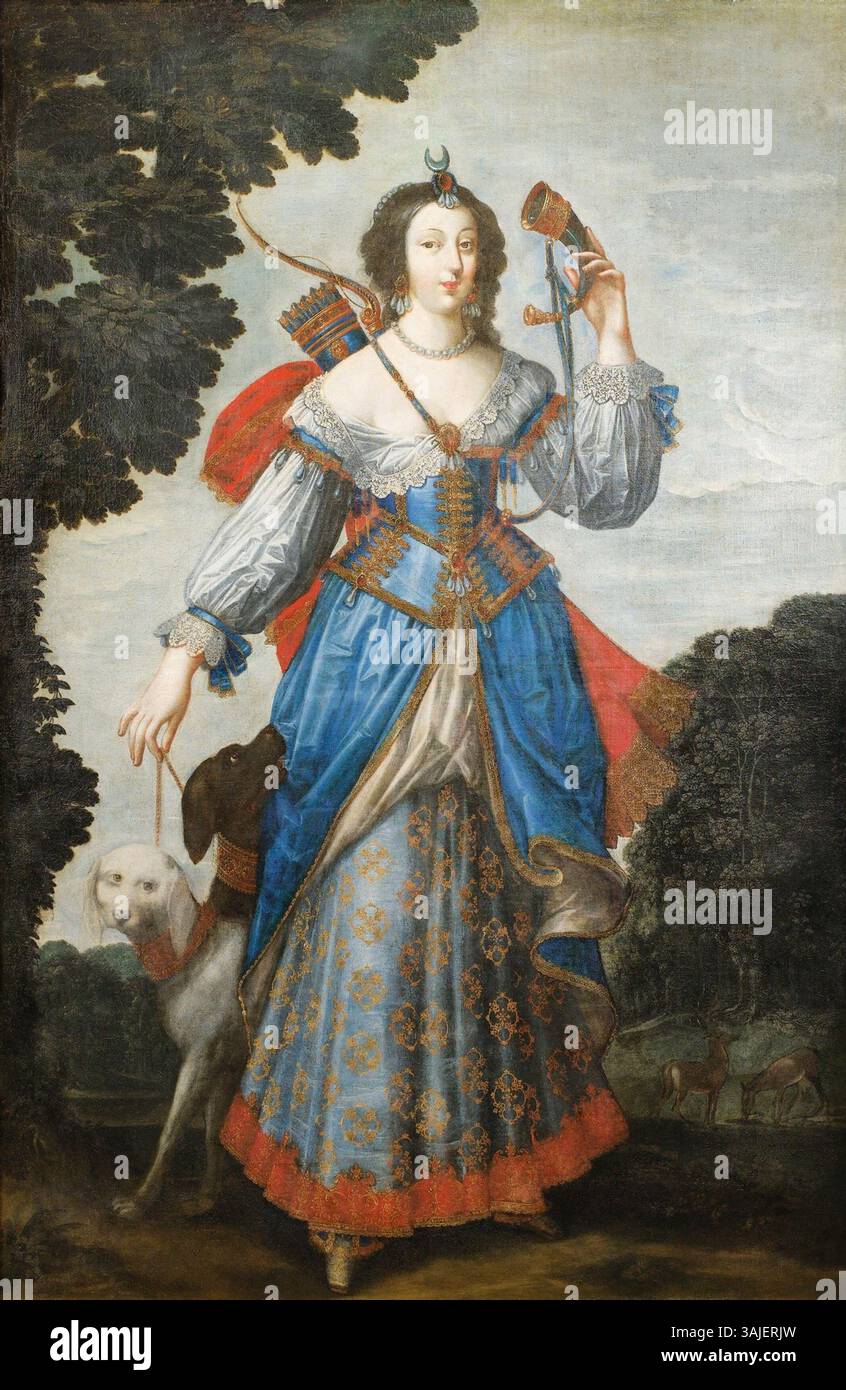 Claude Deruet et son atelier ont réalisé le portrait du XVIIe siècle d'une dame représentée comme Diana, la déesse romaine de la chasse. La peinture met en valeur des détails complexes de costumes et le symbolisme mythologique dans le baroque compris Banque D'Images