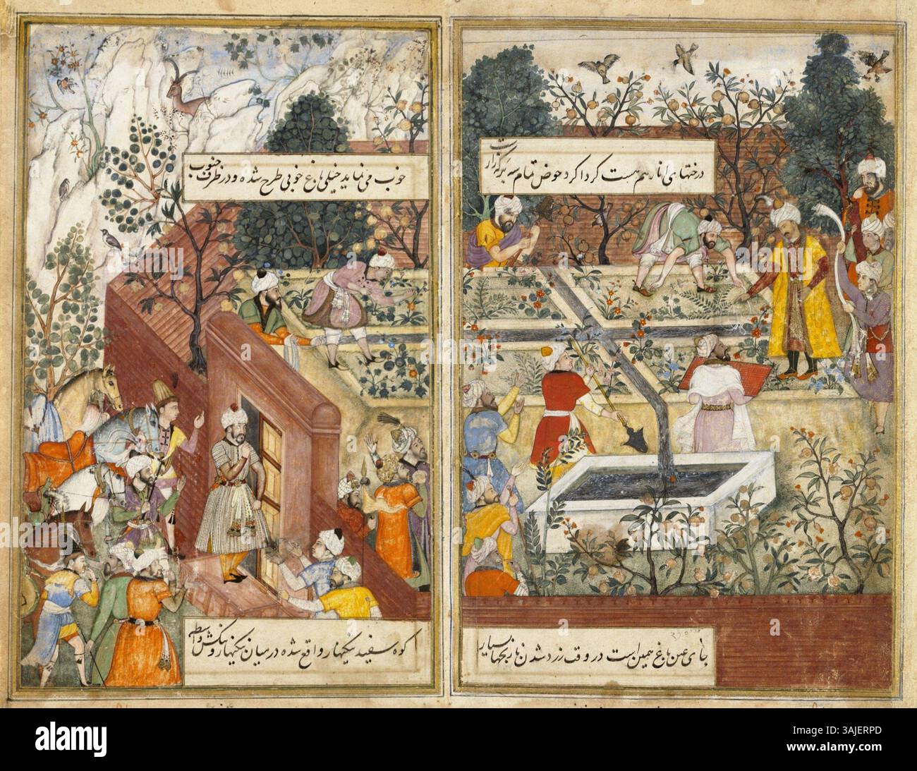 Cette peinture de 1589-90 illustre Babur supervisant l'aménagement du jardin de la fidélité à Kaboul, reflétant sa vision de la beauté architecturale et horticole dans son empire. Banque D'Images
