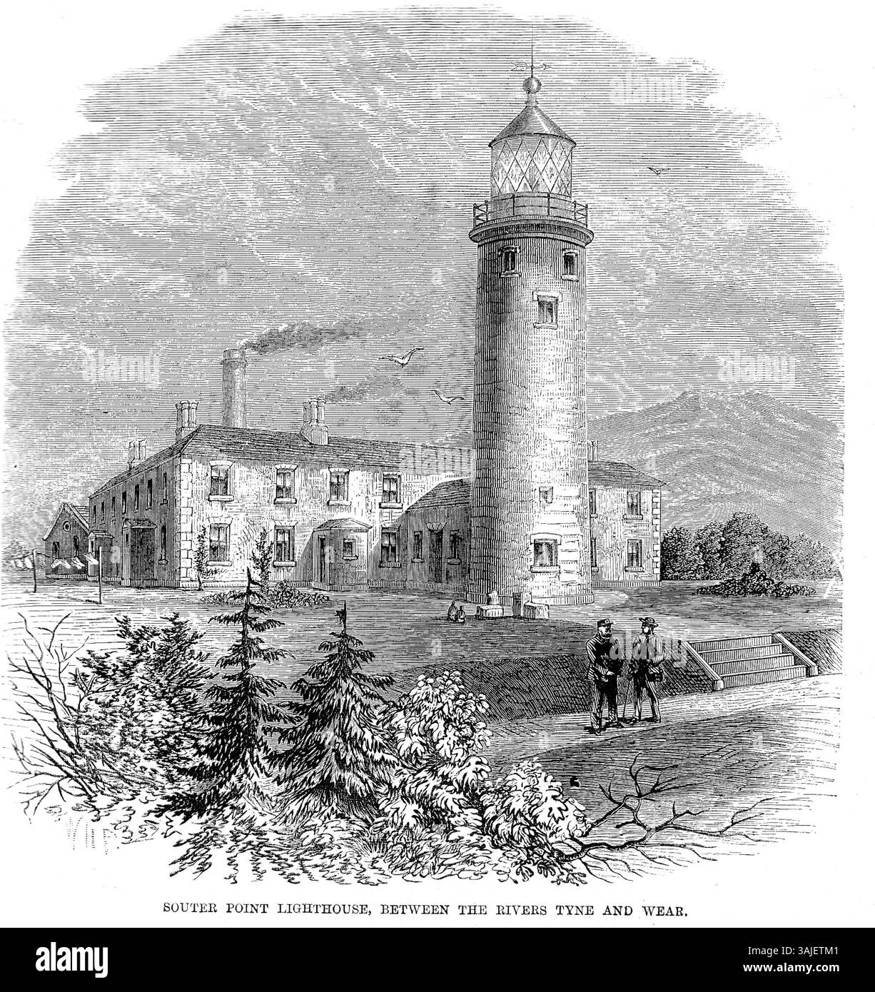 Illustration du phare de Souter point, situé entre les rivières Tyne et Wear, publiée dans The Illustrated Times en 1871. Le phare est une structure maritime remarquable qui guide les navires naviguant sur ce tronçon de côte. Banque D'Images Illustration du phare de Souter point, situé entre les rivières Tyne et Wear, publiée dans The Illustrated Times en 1871. Le phare est une structure maritime remarquable qui guide les navires naviguant sur ce tronçon de côte. Banque D'Images