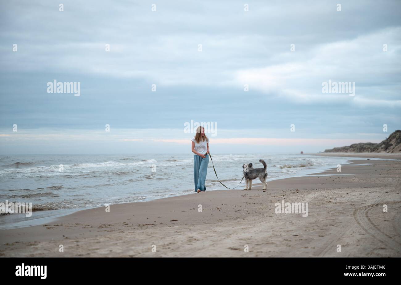 Femme marchant pieds nus avec son chien sur la plage de la mer du Nord, Danemark Banque D'Images