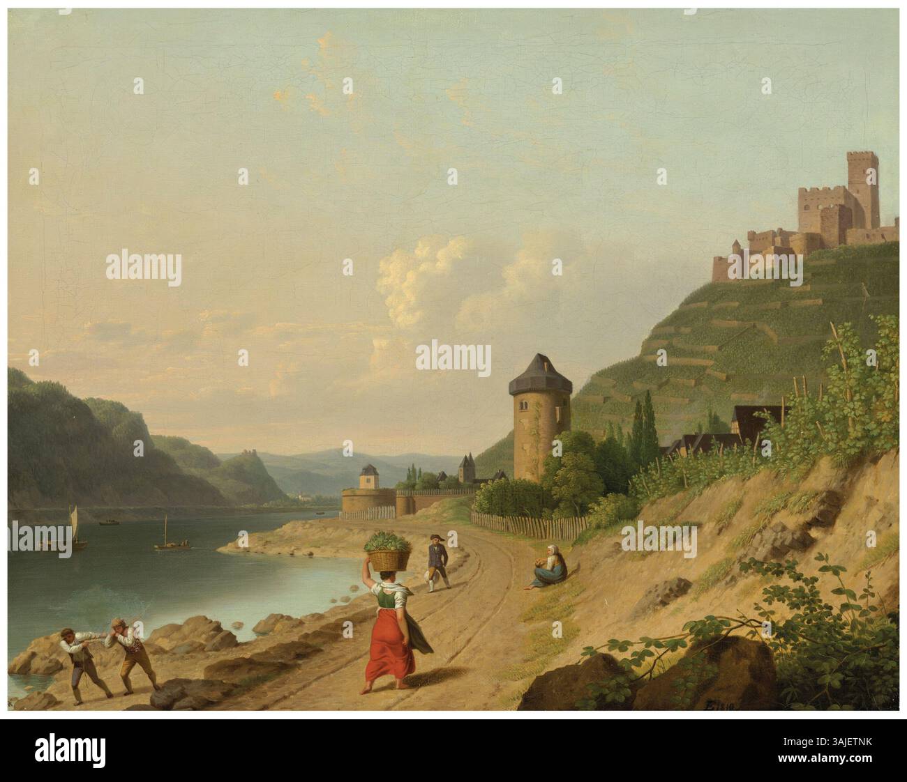 Cette peinture à l'huile de Christoffer Wilhelm Eckersberg, datée de 1810, représente des figures sur une piste au bord du Rhin. L'œuvre met en valeur l'habileté de l'artiste à capturer des paysages naturels et des figures en mouvement, reflétant l'Europe du début du XIXe siècle Banque D'Images