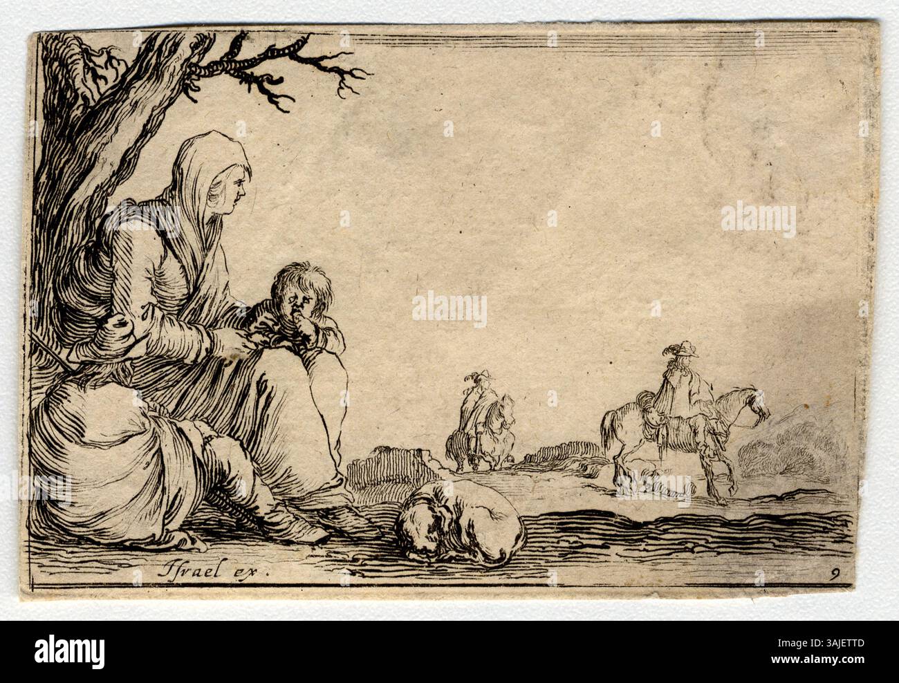 Tirage de 1610-1664 montrant une pauvre femme assise sous un arbre avec ses deux enfants. Partie de la collection Bibliothèque municipale à Metz. Banque D'Images