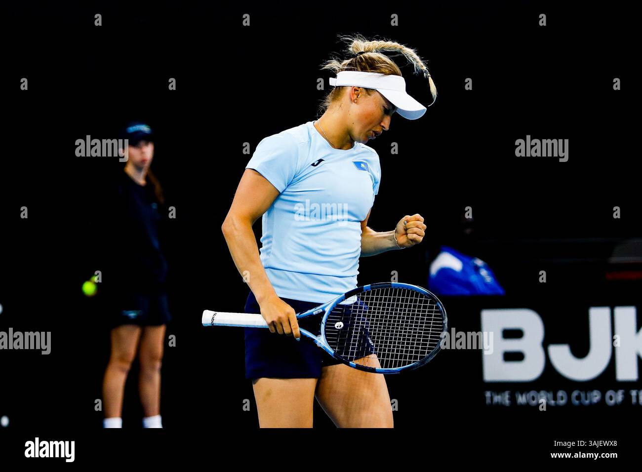 Brisbane, Australie. 09th Apr, 2025. Yulia Putintseva (Kazakhstan) affronte Valentina Mediorreal (Colombie) lors de la Billie Jean King Cup. Putintseva a gagné 6-0, 6-1. Le groupe d comprend le Kazakhstan, l'Australie et la Colombie, le pays gagnant progressant jusqu'à la finale à Shenzhen. Crédit : SOPA images Limited/Alamy Live News Banque D'Images