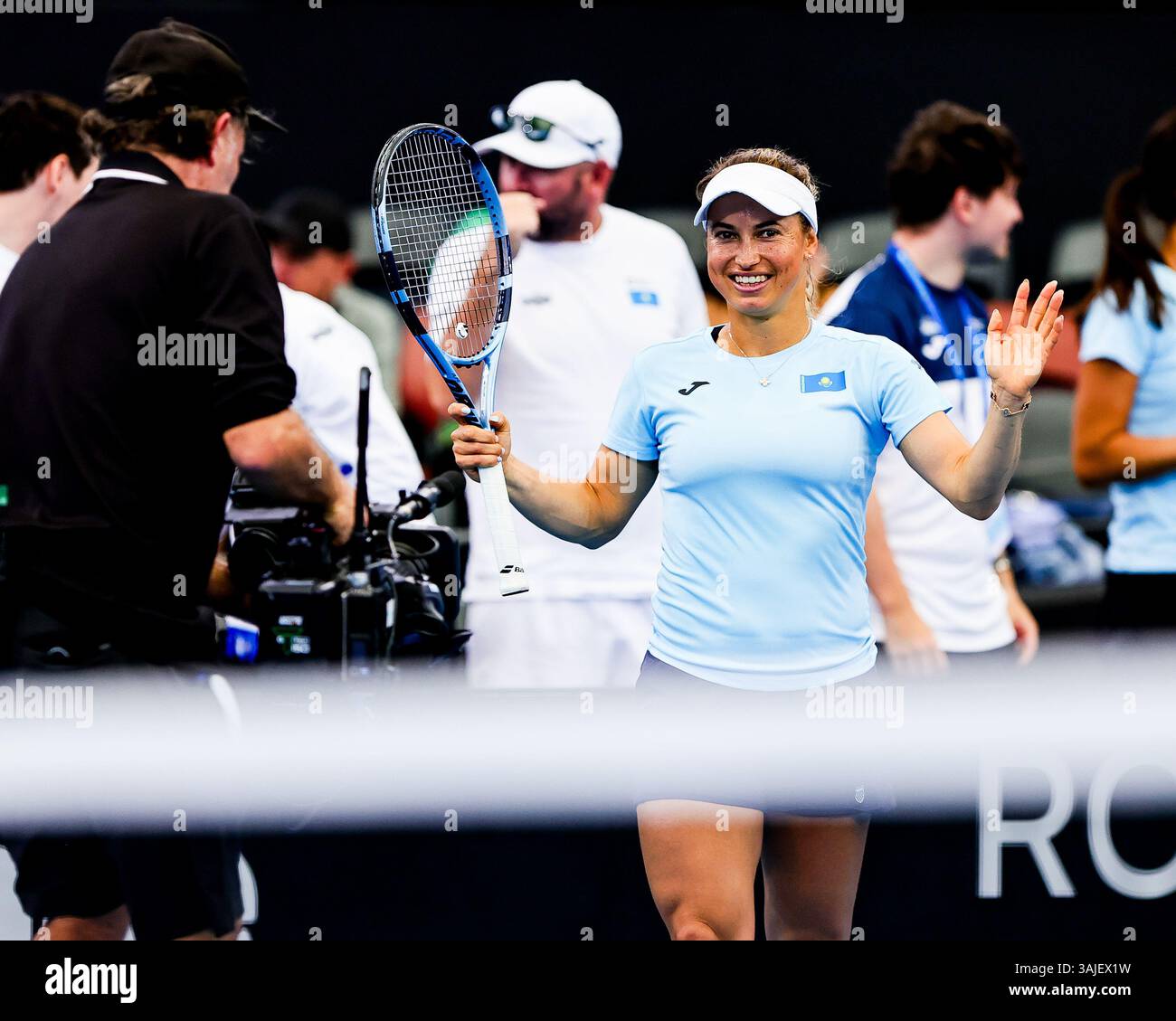 Brisbane, Australie. 09th Apr, 2025. Yulia Putintseva (Kazakhstan) célèbre sa victoire sur Valentina Mediorreal (Colombie) lors de la Billie Jean King Cup. Putintseva a gagné 6-0, 6-1. Le groupe d comprend le Kazakhstan, l'Australie et la Colombie, le pays gagnant progressant jusqu'à la finale à Shenzhen. Crédit : SOPA images Limited/Alamy Live News Banque D'Images