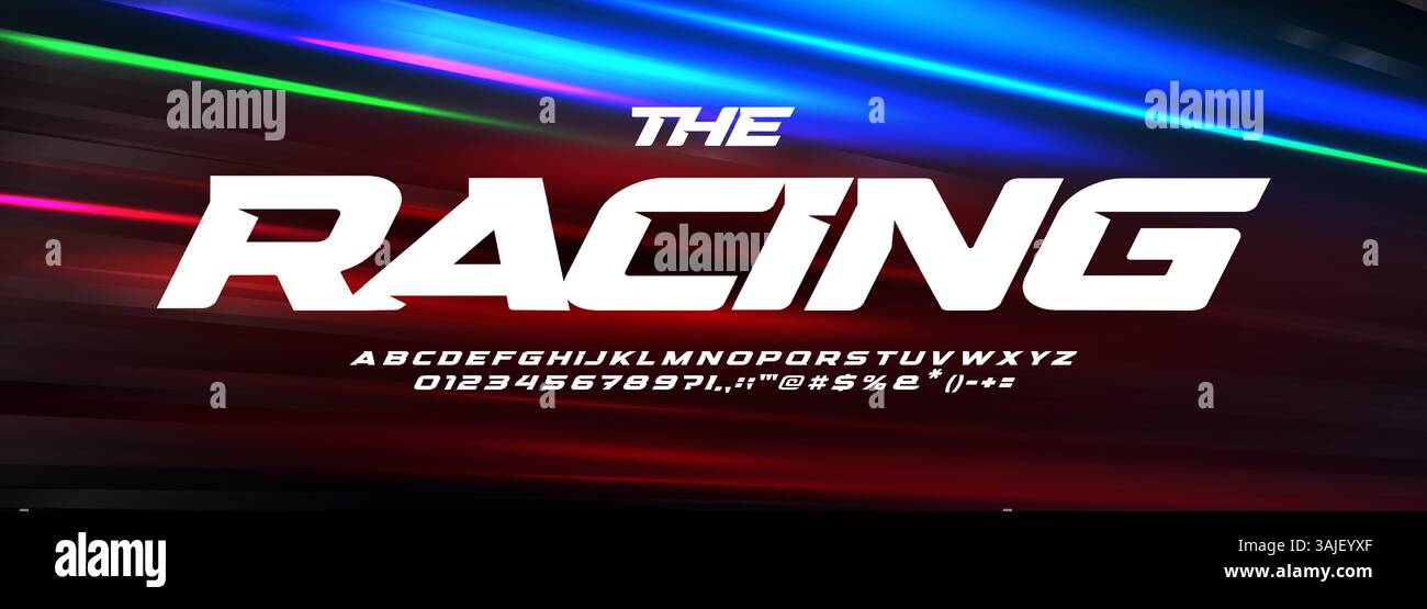 Police de course moderne avec effet de lignes de vitesse sur fond rouge, bleu, néon clair. Audacieux Alphabet Sport pour voiture, sport automobile, logo de jeu, affiche, ou Illustration de Vecteur