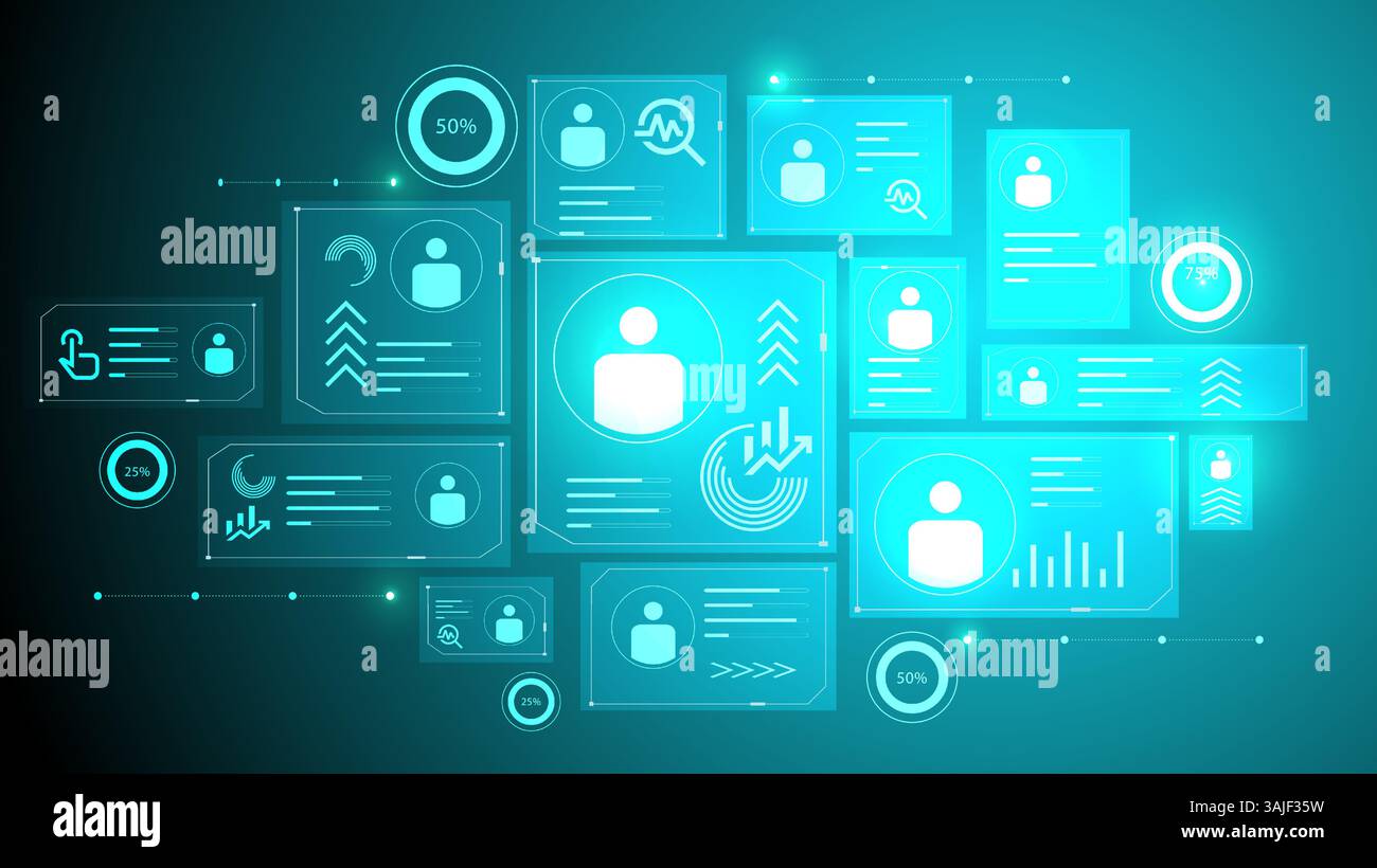 Interface lumineuse avec icônes utilisateur, graphiques de progression et panneaux d'analyse visualisant l'intégration des données personnelles dans un environnement commercial numérique. Illustration de Vecteur