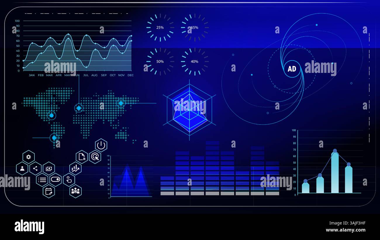 Interface pilotée par les données avec graphiques linéaires, graphiques à barres, graphique radar, carte du monde. Système complexe de surveillance et d'analyse d'informations diverses. Illustration de Vecteur