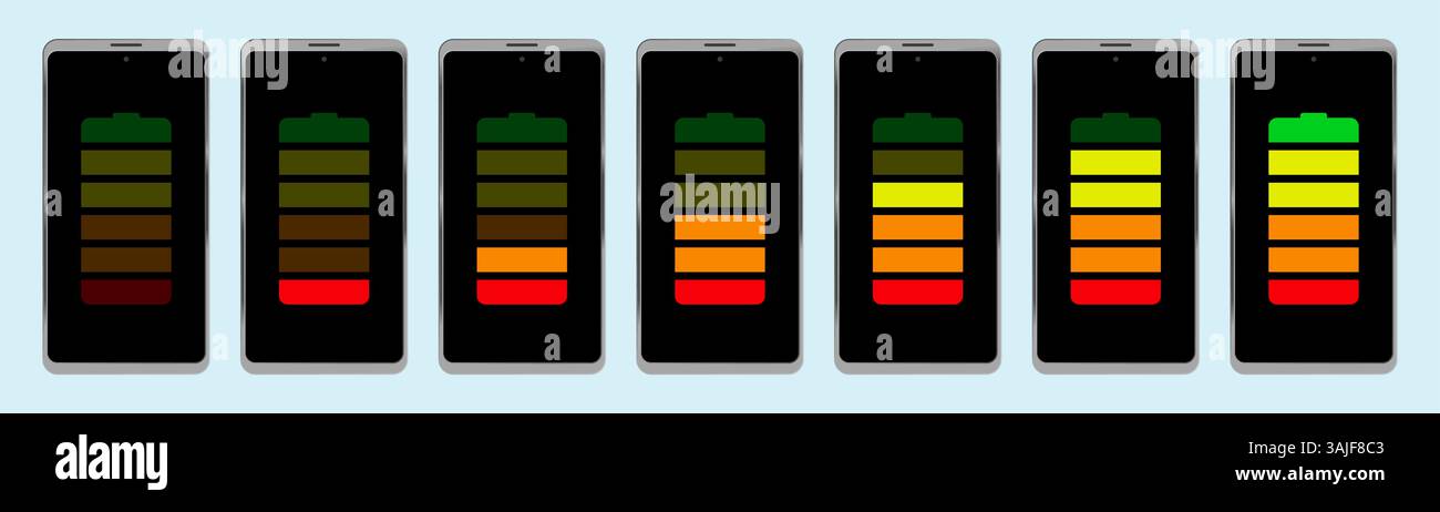 Smartphone avec niveau de charge de la batterie réglé. Indicateurs de niveau de charge de la batterie. Accumulateurs d'électricité. Panneau d'électricité. Fil de charge. Illustration de Vecteur
