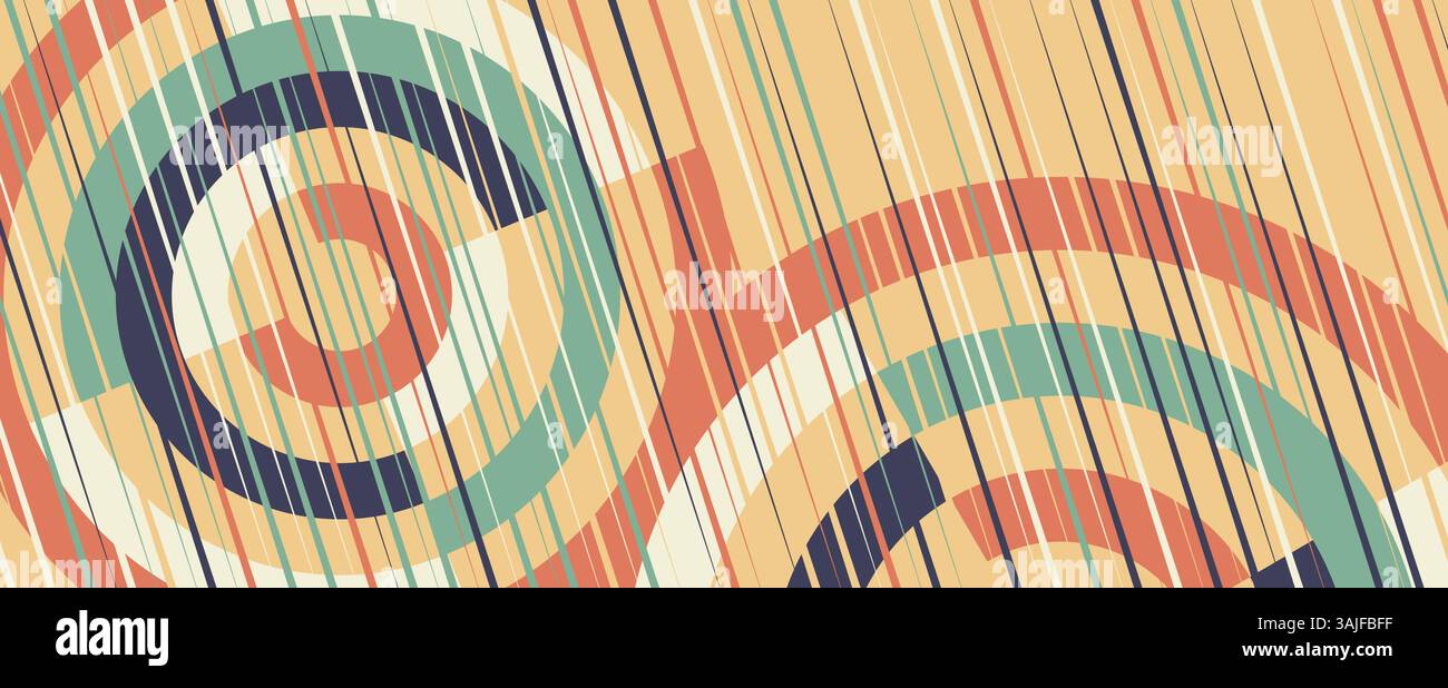 Fond vectoriel abstrait avec une composition dynamique de lignes courbes et de formes géométriques dans une palette de couleurs rétro. Chevauchement des cercles et de la verticale. Illustration de Vecteur