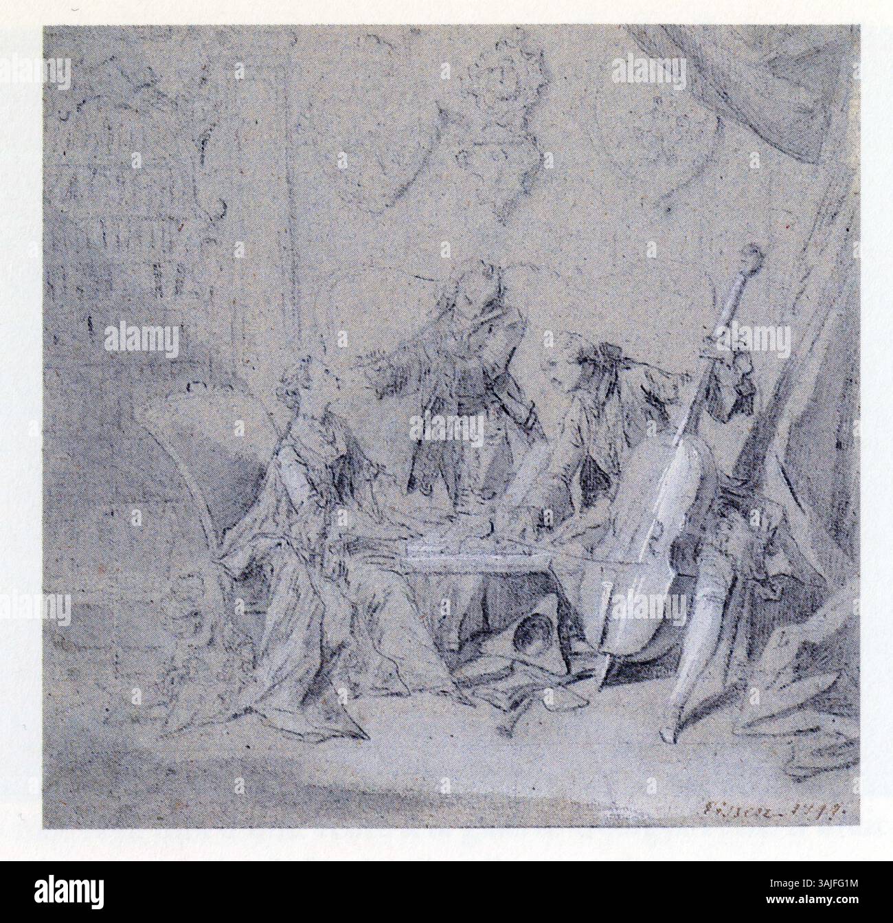 Charles Eisen,1721-1778.musique de chambre dit aussi le concert. Pierre noire,remonter de lavis gris et noir sur papier bleu Banque D'Images