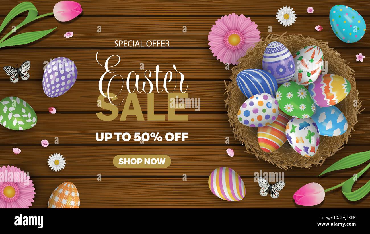 bannière de vente de pâques avec des œufs colorés dans un nid et des fleurs sur une table en bois Illustration de Vecteur