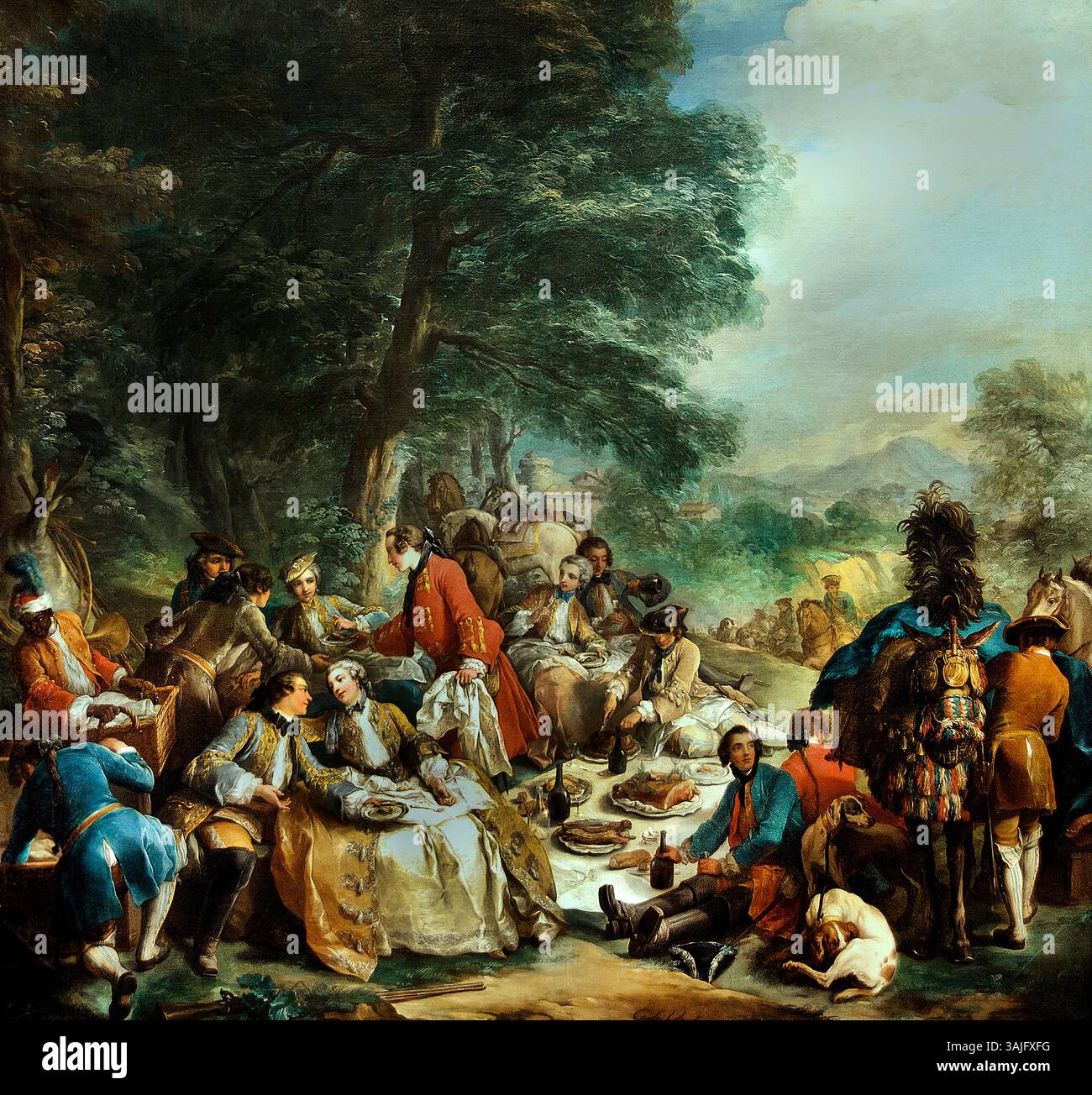 Charles André dit Carle Van Loo - Halte de chasse Charles-André Carle Vanloo - Stop Hunting 1737 France, Louvre Paris, Musée des Beaux-Arts, France, ( Carle ou Charles-André van Loo était un peintre français, fils du peintre Louis-Abraham van Loo, frère cadet de Jean-Baptiste van Loo et petit-fils de Jacob van Loo. Il était le membre le plus célèbre d'une dynastie réussie de peintres d'origine néerlandaise) Banque D'Images