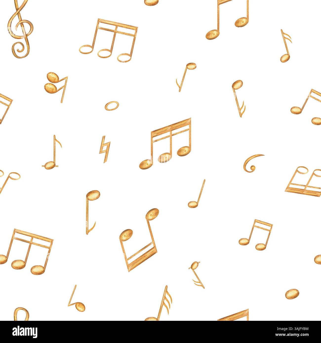 Notes musicales abstraites jaune doré bannière d'aquarelle sans couture fond isolé. Illustration de symboles musicaux peints à la main pour le programme de concert Banque D'Images