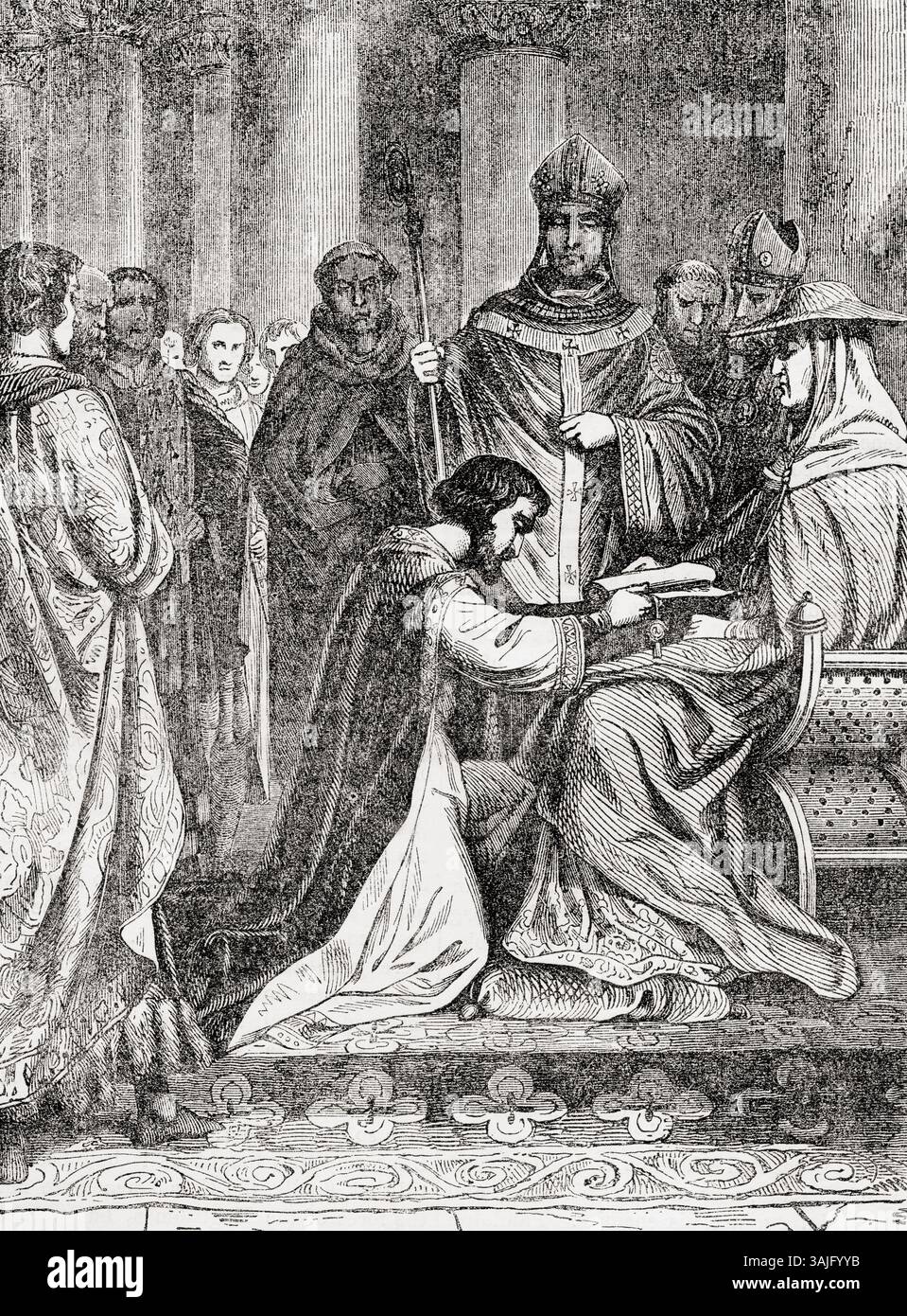 Le roi Jean offre sa couronne à Pandulphus, le légat du Pape, 1213. Extrait de Cassell's Illustrated History of England, publié en 1857. Banque D'Images