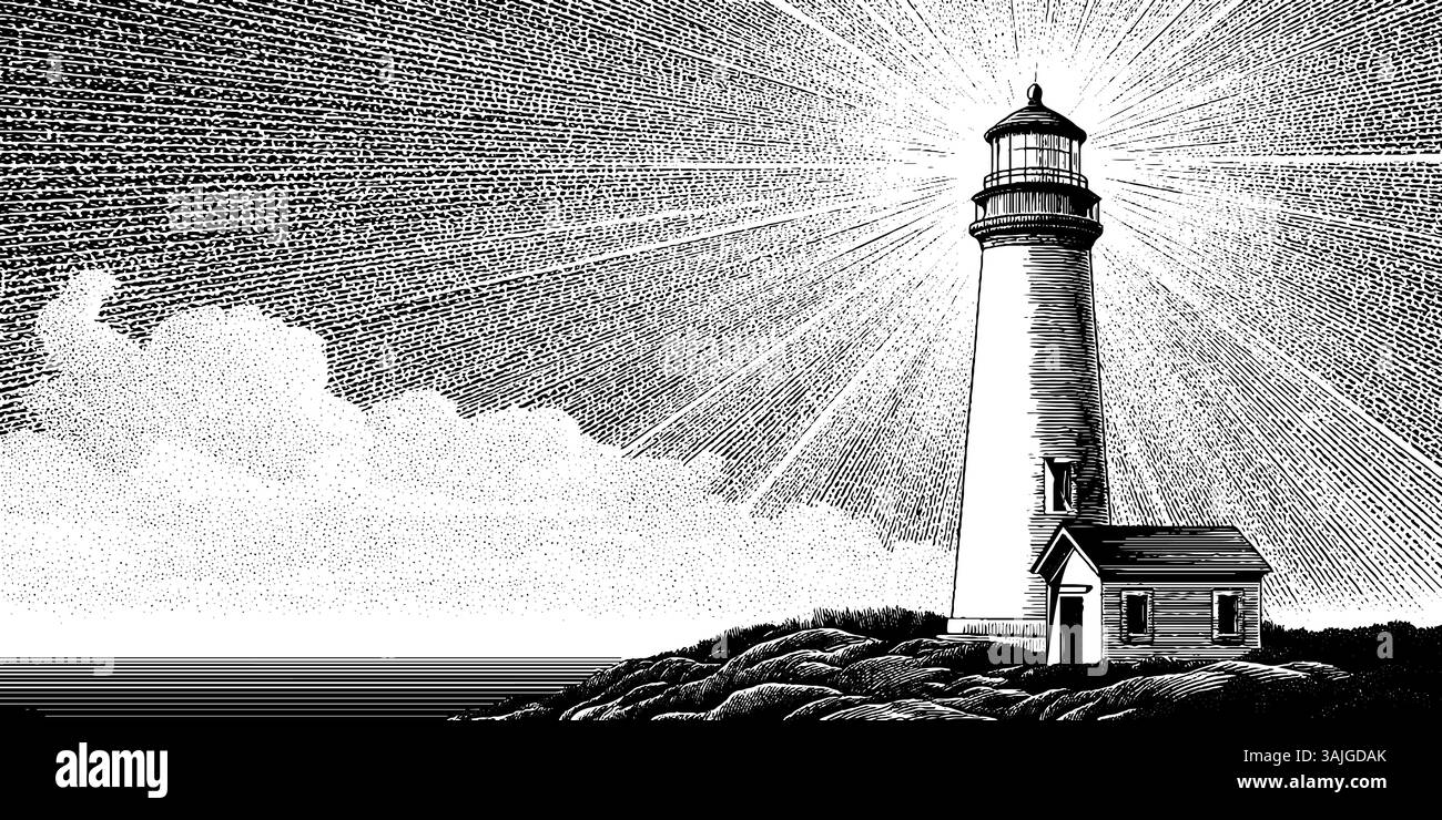 Illustration de phare gravée avec ciel rayonnant dans un design noir audacieux. Illustration de Vecteur