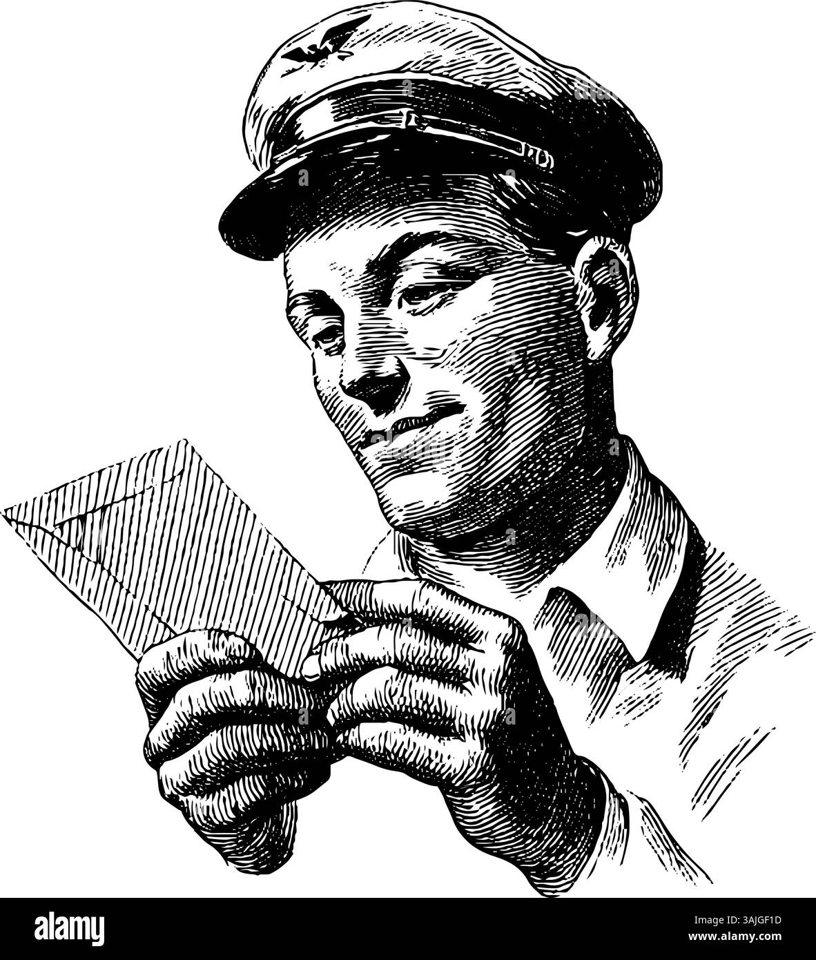 Vintage postier gravant l'enveloppe de courrier de lecture | illustration de service postal antique pour la conception historique. Illustration de Vecteur