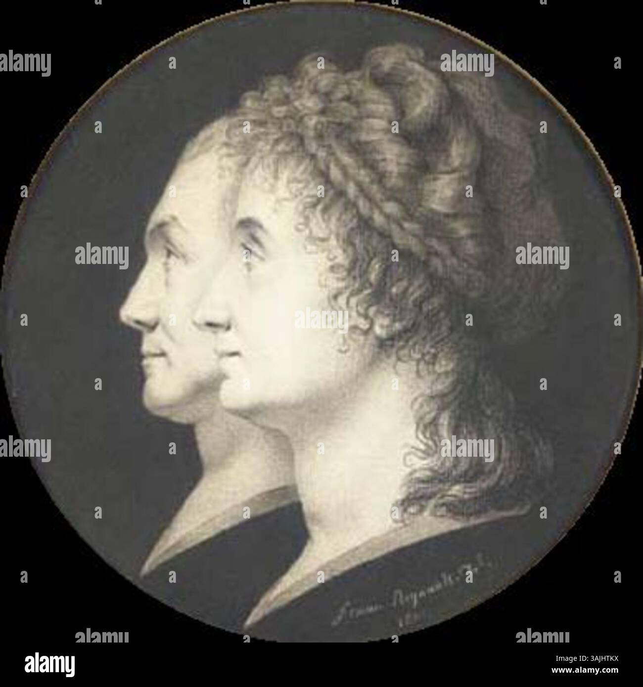 Ce double portrait de Sophie Regnault (1801) représente Jean-François Heurtier, architecte, et son épouse Marie-victoire Jobbé. Rendu en craie noir et blanc sur papier, il est signé et daté 'femme Regnault. suppr. 1801 ». Le couple est montré de profil, avec des détails complexes capturant leurs ressemblances dans le style classique. Banque D'Images