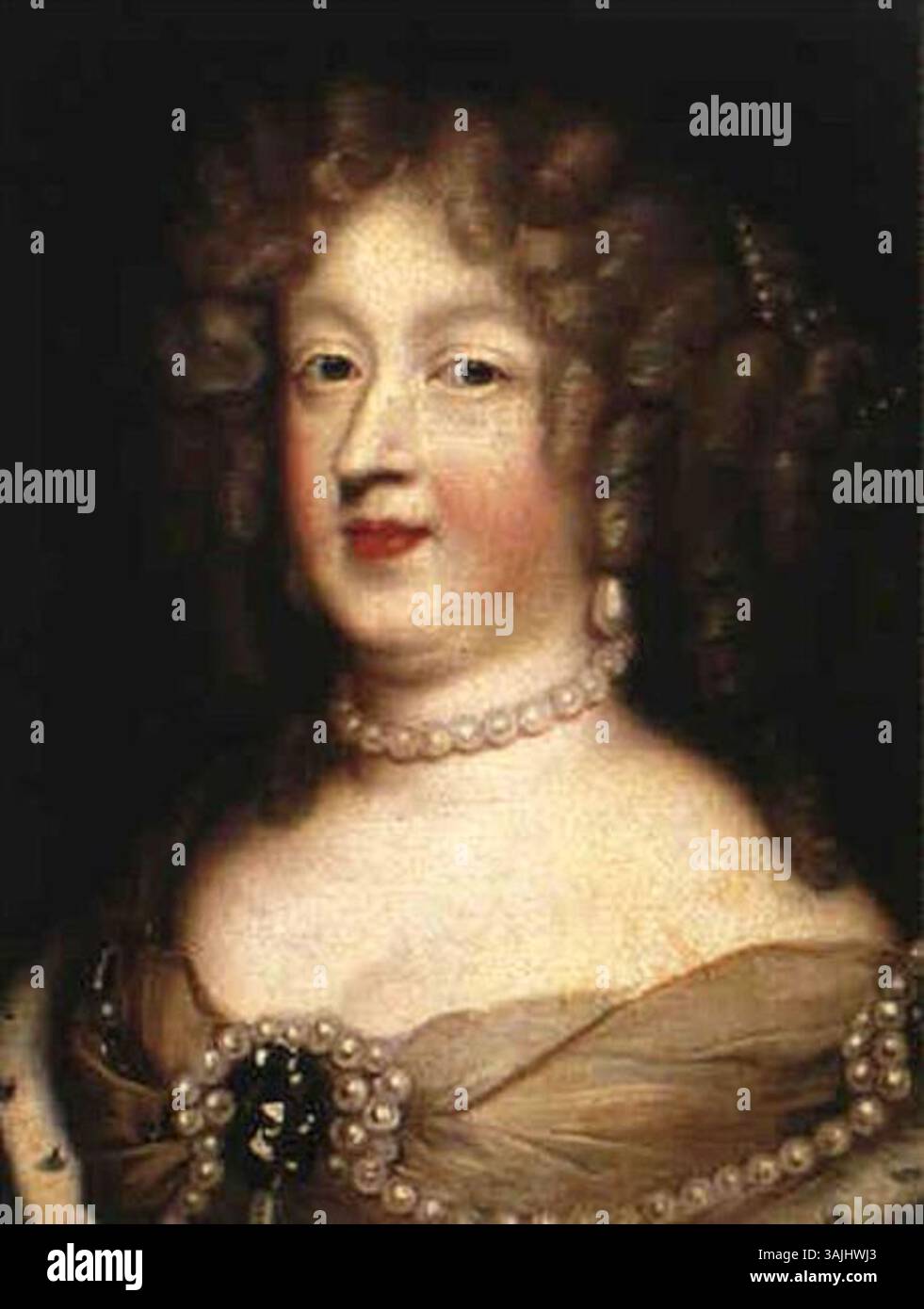 Ce tableau du XVIIe siècle, attribué à un disciple de Pierre Mignard, représente Marie-Thérèse d'Espagne, mal identifiée comme Anne d'Autriche. L'huile sur toile capture la ressemblance de Maria Theresa, reine d'Espagne, des années 1600 Banque D'Images
