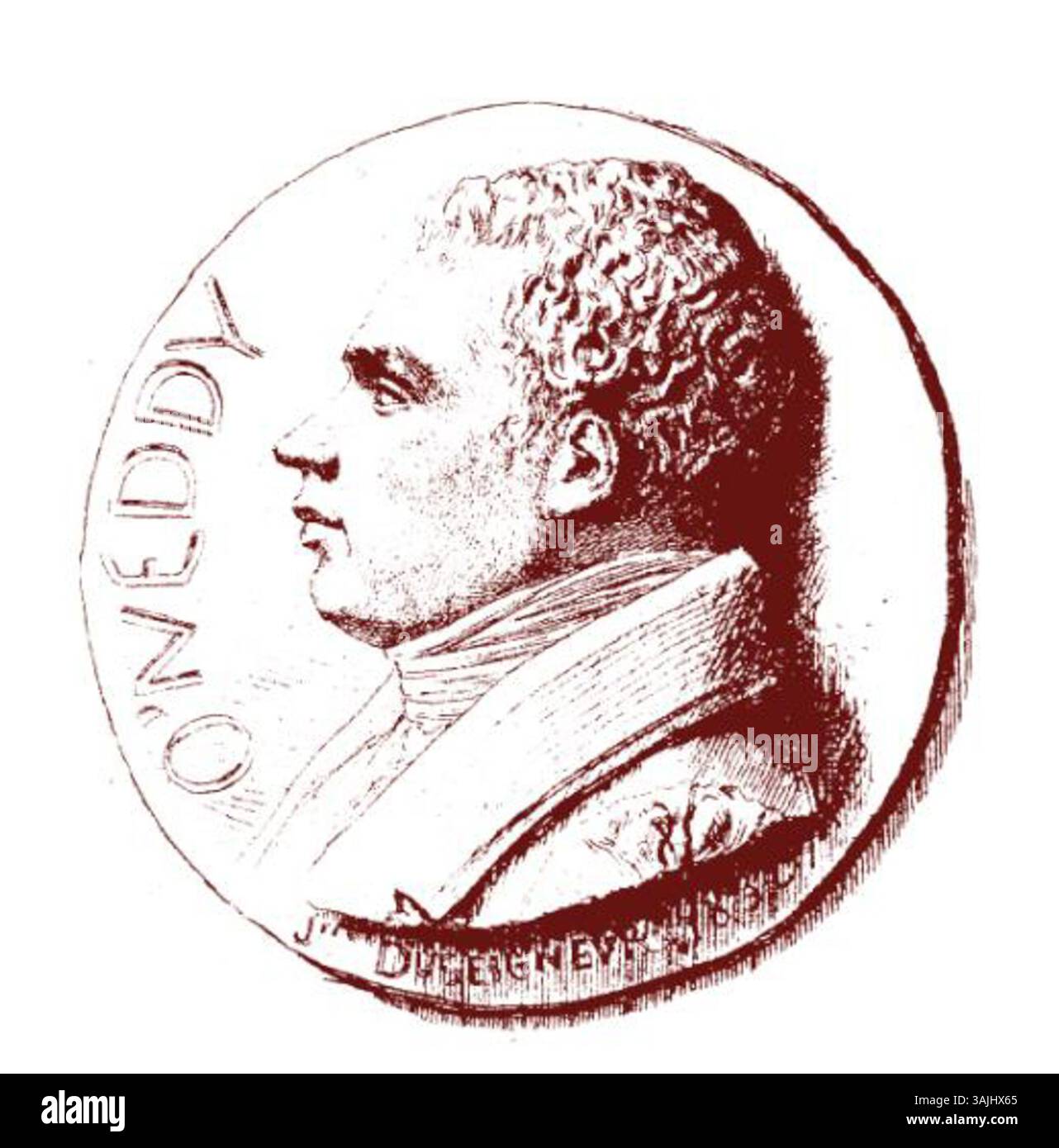 Ce dessin de Jehan Duseigneur, créé entre 1832 et 1833, est pour un médaillon intitulé 'O'Neddy'. Le médaillon comporte une gravure détaillée et a été signé par Duseigneur, mettant en valeur son talent dans la conception de la fine métallurgie. Banque D'Images