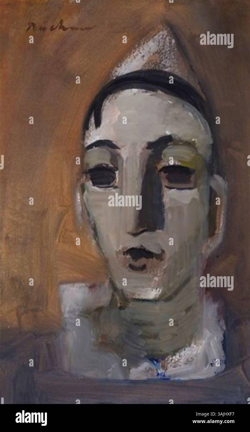 Le tableau de Carl Buchner de 1900, *Pierrot gerade schauend*, représente le personnage emblématique de Pierrot regardant droit devant, transmettant un lien émotionnel fort avec le spectateur. Banque D'Images