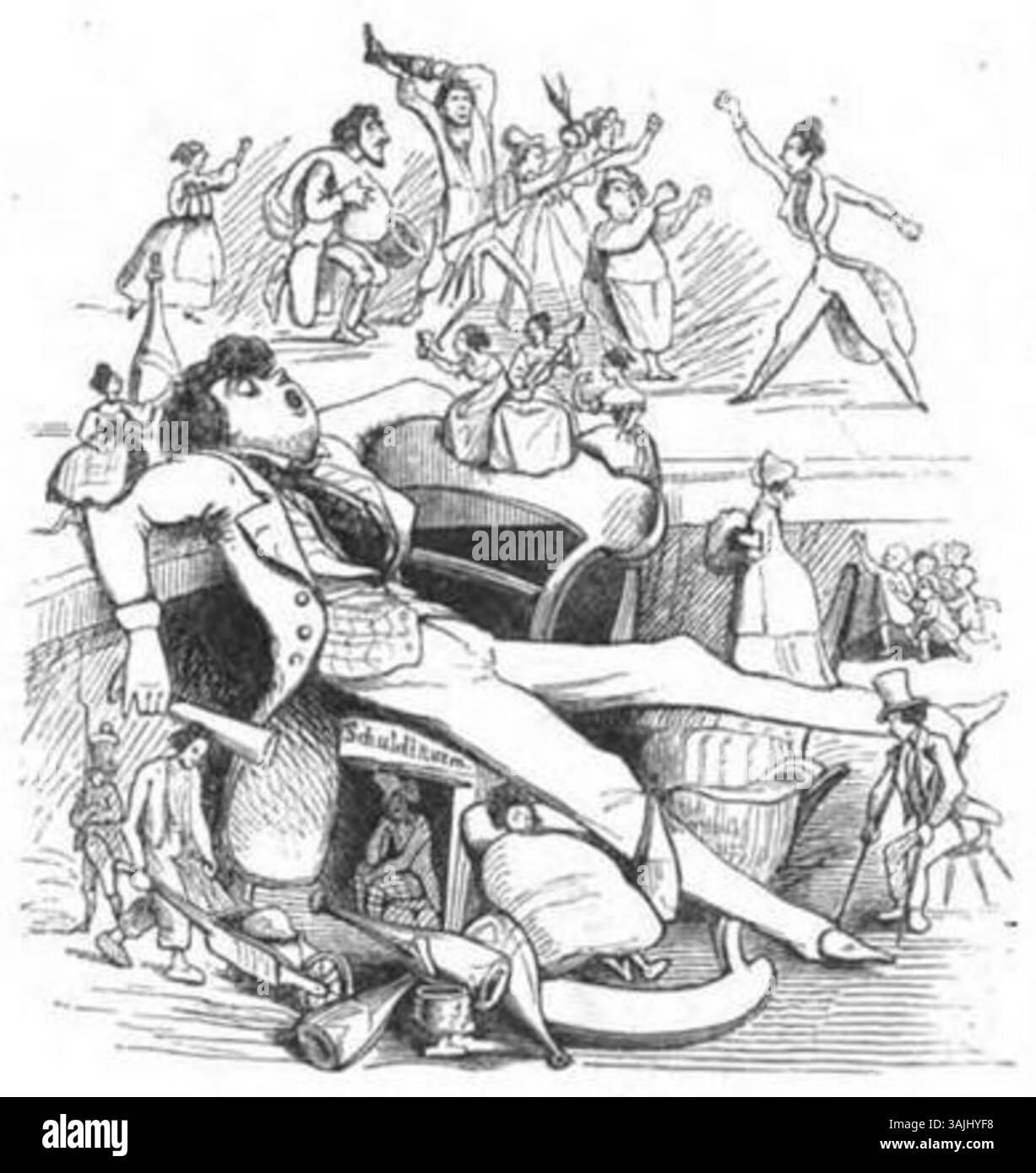 Cette illustration de 1845 tirée de 'Fliegende Blätter' (vol. 1, numéro 23, page 184) est une pièce satirique reflétant les coutumes sociales. Connue pour ses caricatures éditoriales et sa critique culturelle, 'Fliegende Blätter' a joué un rôle important dans la littérature allemande du XIXe siècle Banque D'Images