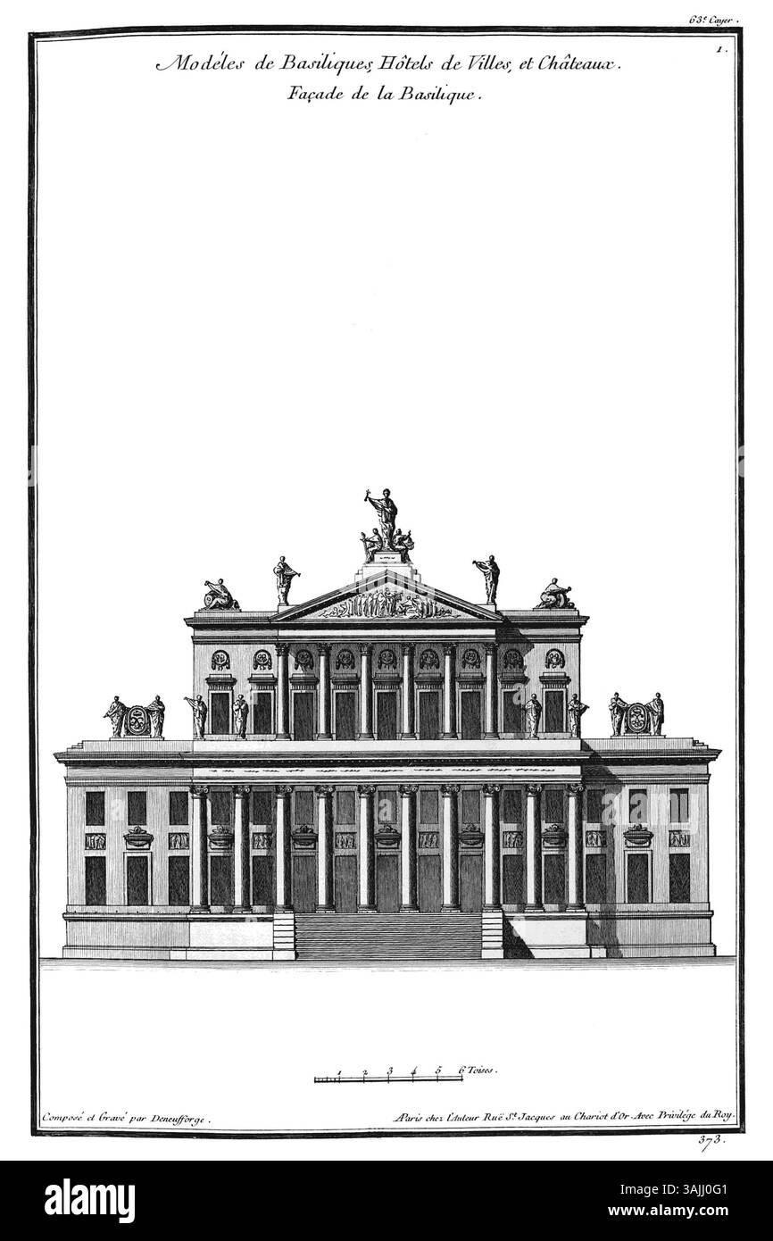 Jean-François de Neufforge conçoit en 1765 des basiliques, des hôtels de ville et des châteaux, notamment l'élévation et le plan d'une façade de basilique. Son travail architectural met en valeur les styles néoclassiques avec une attention particulière aux proportions et aux détails. Banque D'Images