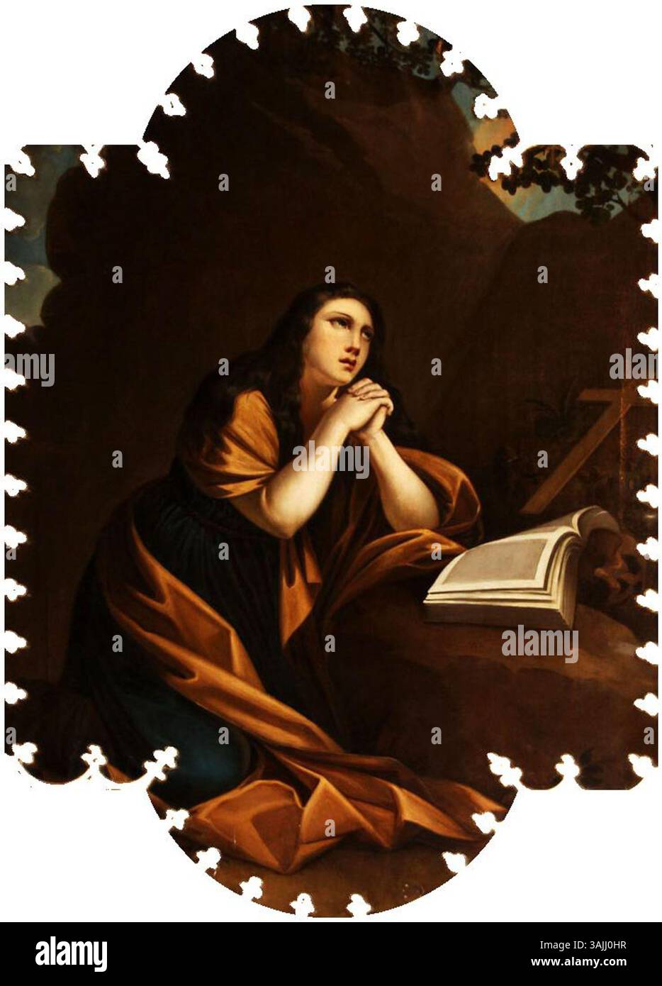 Cette peinture du XVIIe siècle, « Madeleine au désert » d'après Guido Reni, représente Sainte Marie-Madeleine dans le désert. La pièce est une œuvre d'art religieuse reflétant le style baroque et est une représentation de sa vie pénitente, symbolisant la dévotion et la spiritualité. Banque D'Images