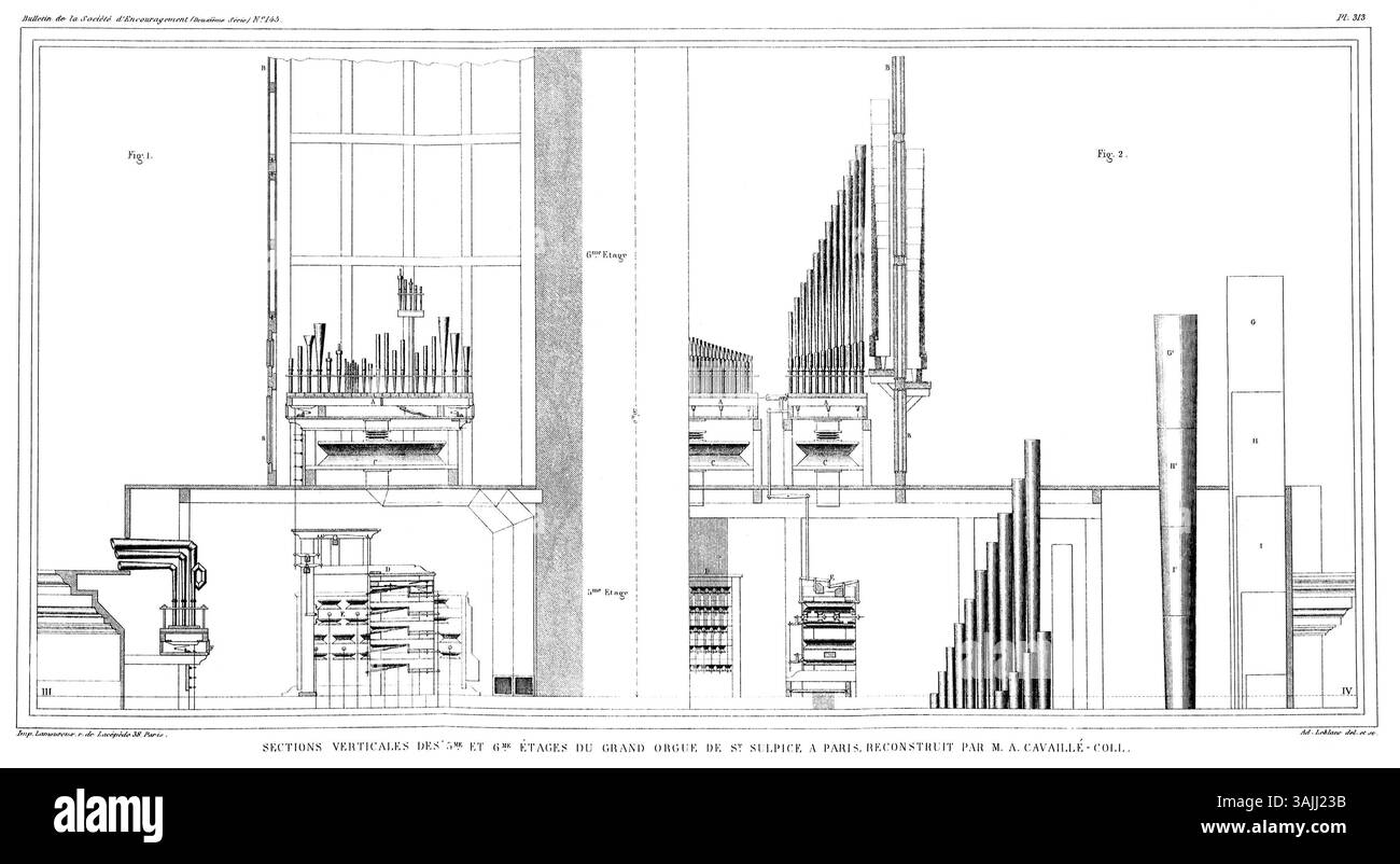Cette coupe verticale montre les 5ème et 6ème étages du grand orgue de Saint-Sulpice, Paris, conçu par Jules Antoine Lissajous en 1865. Il fait partie des plans architecturaux détaillés de l’orgue pour sa reconstruction. Banque D'Images