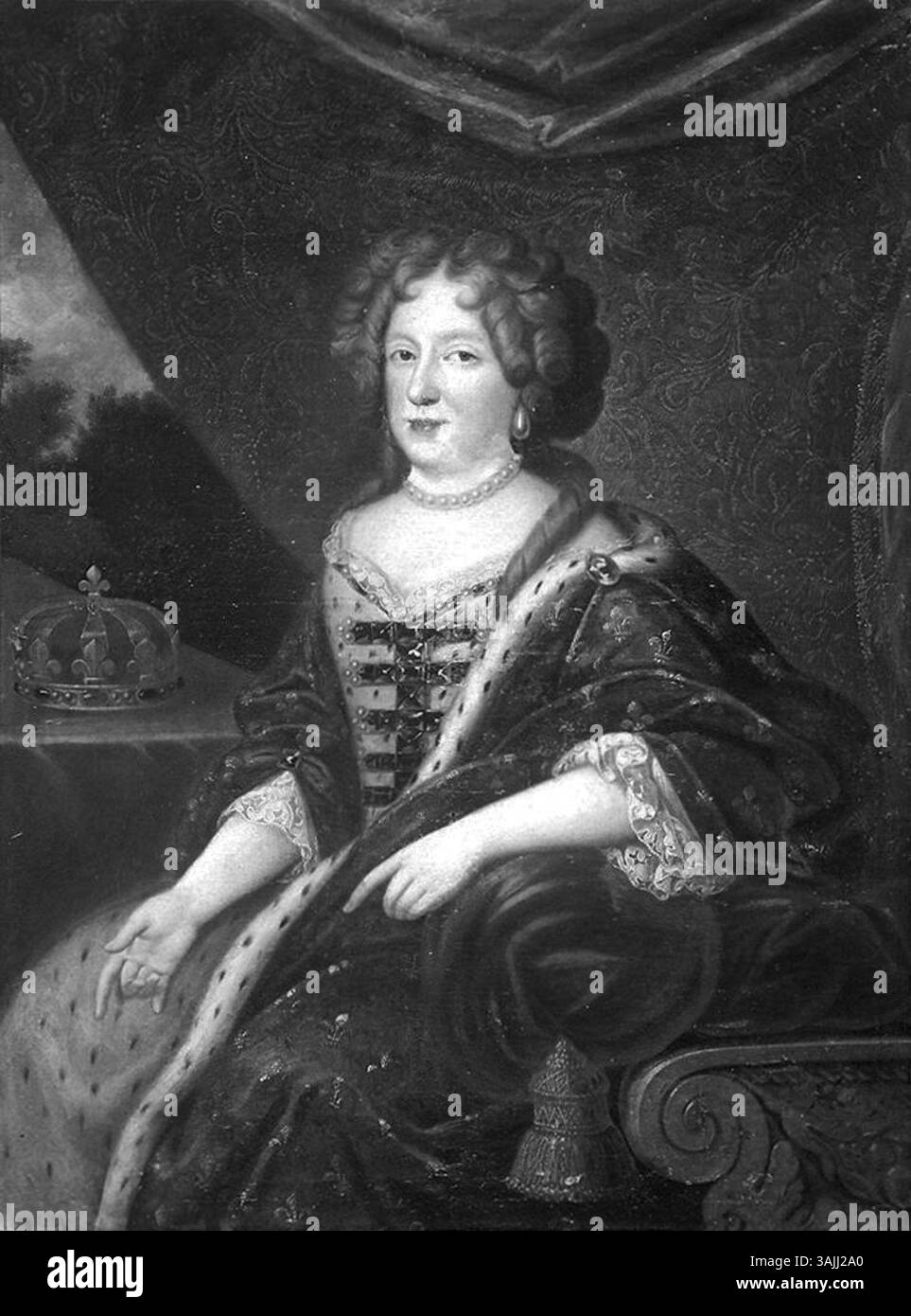 Cette peinture du XVIIe siècle, présumée être de Marie-Thérèse d'Espagne, représente une reine en tenue royale. Le portrait à l'huile sur toile, conservé dans la Galleria Corsi au Palazzo Bardini, montre la reine comme une figure puissante et digne. Banque D'Images