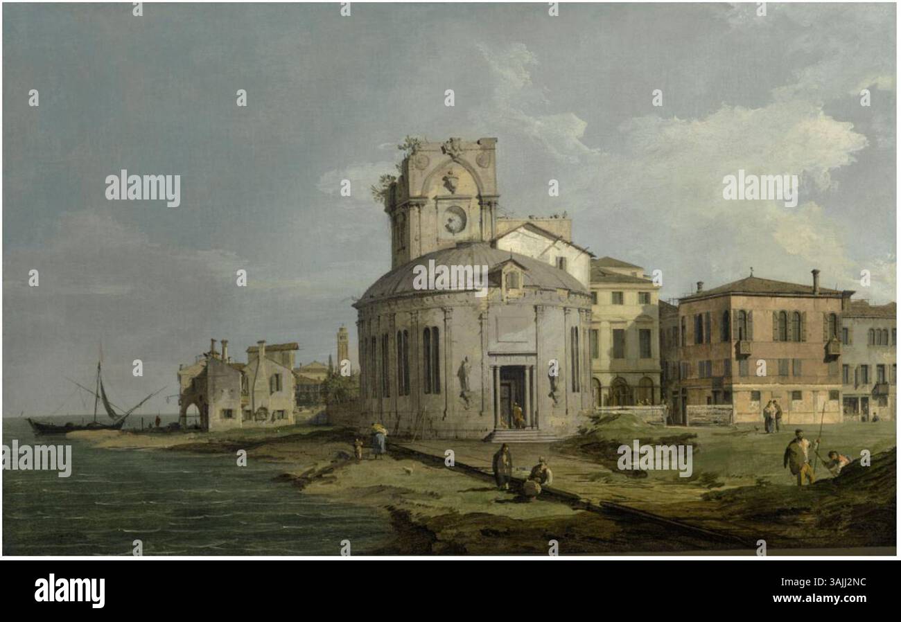 Le Capriccio vénitien de Canaletto, créé dans les années 1700, offre une vue imaginative sur une église ovale au bord de la lagune de Venise. Cette huile sur toile, logée dans une collection européenne privée, met en valeur le talent de Canaletto à représenter l’architecture vénitienne et l’atmosphère sereine de la lagune. Banque D'Images