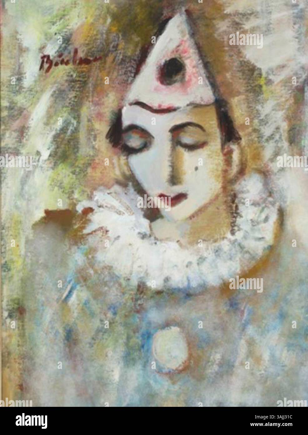 La peinture acrylique de Carl Buchner de 1900, *Pierrot mit gesenktem Blick*, capture le personnage de Pierrot avec un regard abaissé, incarnant une humeur sombre et introspective. Banque D'Images