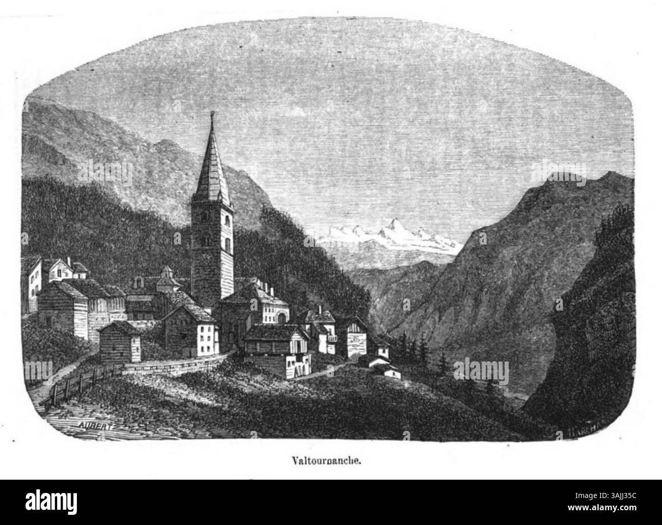 Gravure d'Édouard Aubert datant d'avant 1877, représentant Valtournenche, une vallée d'Aoste. Le tirage met en valeur le paysage naturel époustouflant de la vallée et de ses montagnes environnantes. Banque D'Images
