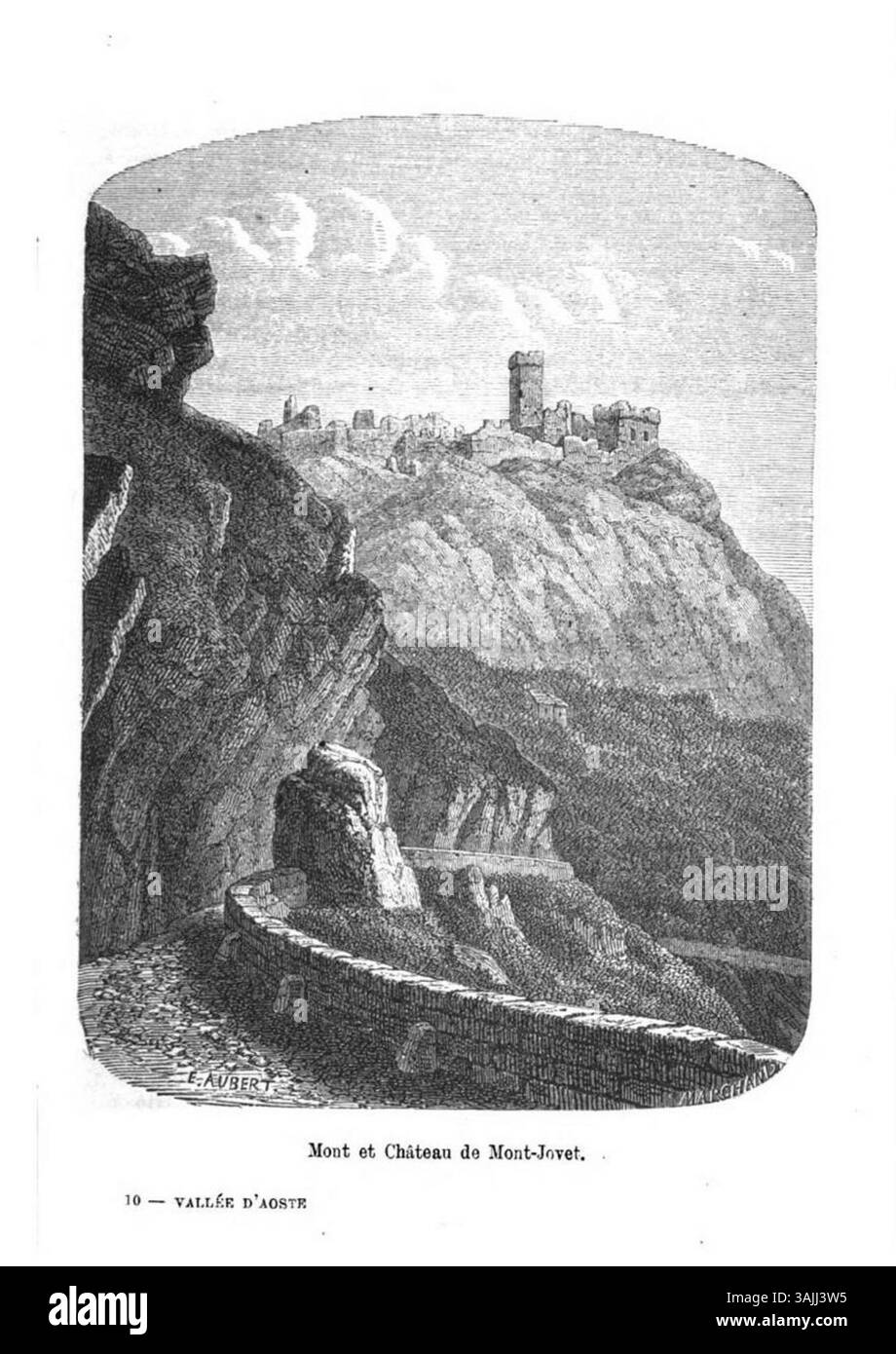 Cette gravure d’Édouard Aubert, datant d’avant 1877, représente le Mont-Jovet et son château, illustrant le lien entre paysage naturel et architecture historique dans les Alpes françaises. Banque D'Images Cette gravure d’Édouard Aubert, datant d’avant 1877, représente le Mont-Jovet et son château, illustrant le lien entre paysage naturel et architecture historique dans les Alpes françaises. Banque D'Images