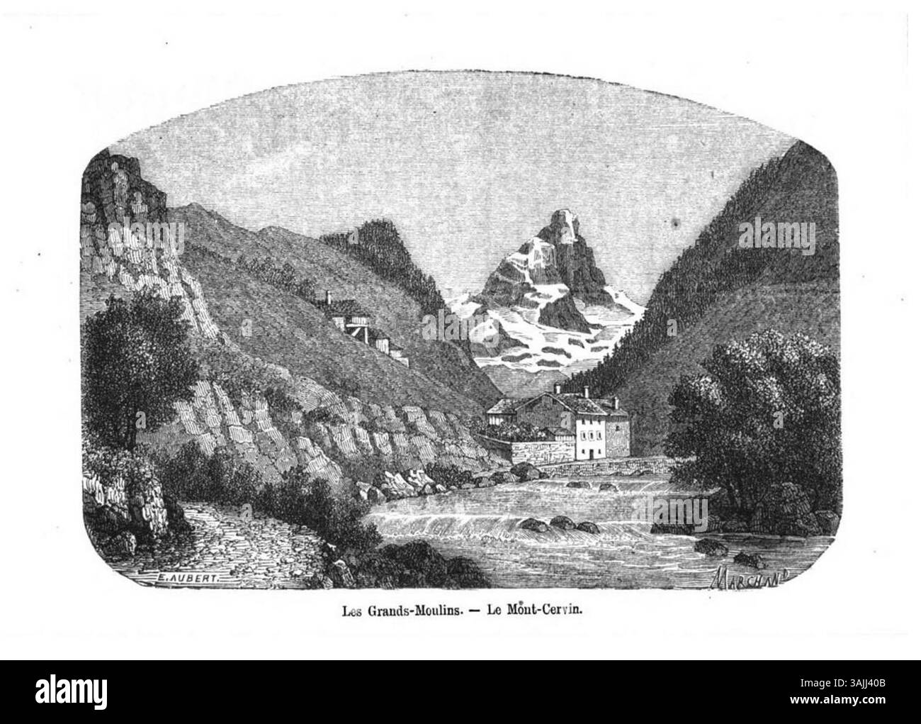 Cette gravure d'Édouard Aubert, réalisée avant 1877, représente les grands Moulins et le Mont Cervin (Cervin), soulignant la présence majestueuse de la montagne dans le paysage alpin. Banque D'Images