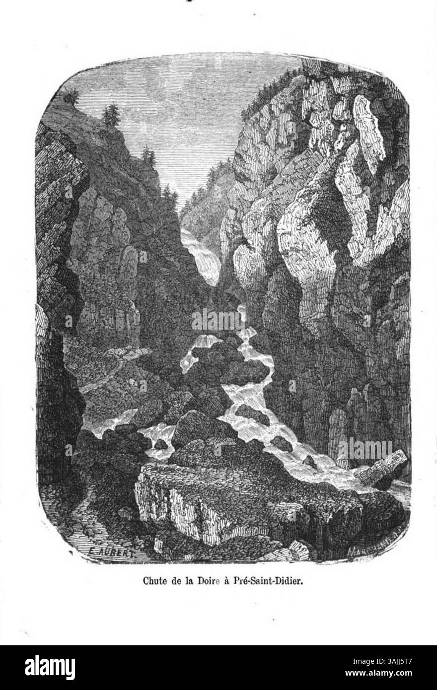 Gravure d'Édouard Aubert d'avant 1877, représentant la chute de la Doire près de pré-Saint-Didier dans la vallée d'Aoste. L'impression capture la beauté naturelle de la cascade et du paysage environnant. Banque D'Images