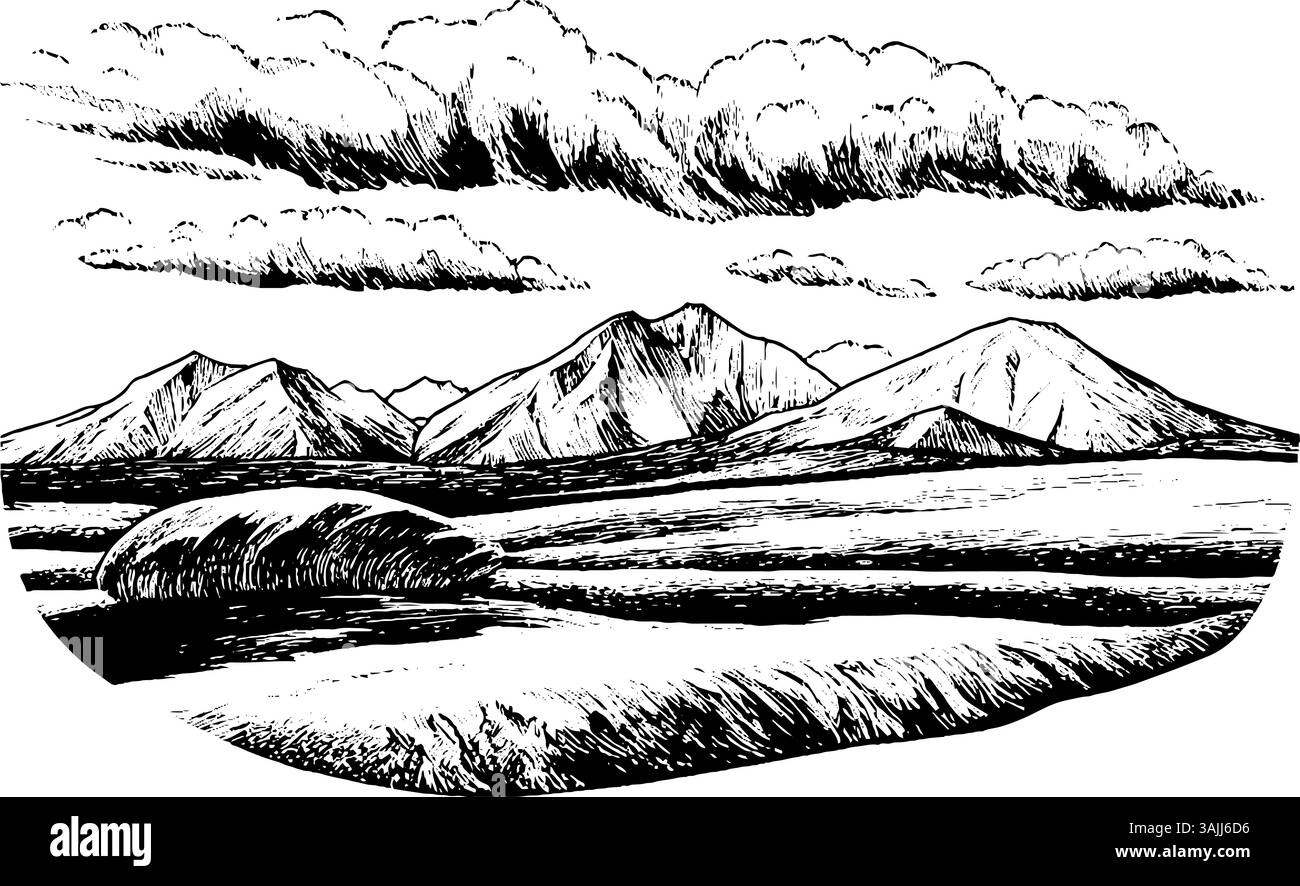 Illustration en noir et blanc d'un paysage montagneux avec des collines ondulantes et des nuages dans le ciel. Les montagnes sont représentées avec des pics nets et des textures variables, tandis que le premier plan comprend des collines lisses. Illustration de Vecteur
