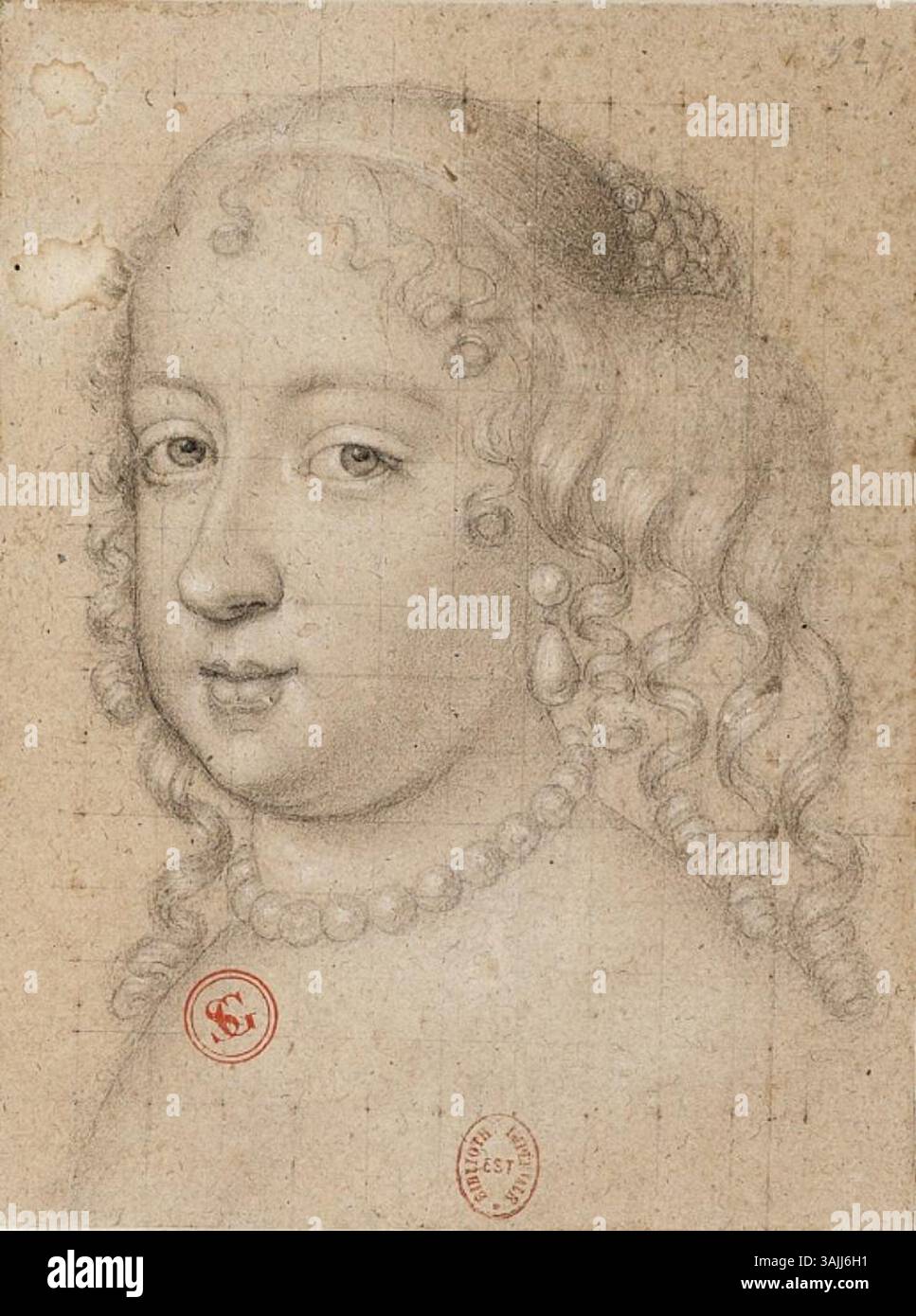 Ce dessin de 1662 représente Marie-Thérèse d'Espagne, épouse de Louis XIV. il a été basé sur une estampe de Nicolas Pitau. L’œuvre, analysée par Georges Wildenstein, montre la tête de la reine d’une manière conforme à la gravure mais suggère un possible agrandissement de la composition. Le dessin met en évidence les détails de ses caractéristiques royales. Banque D'Images