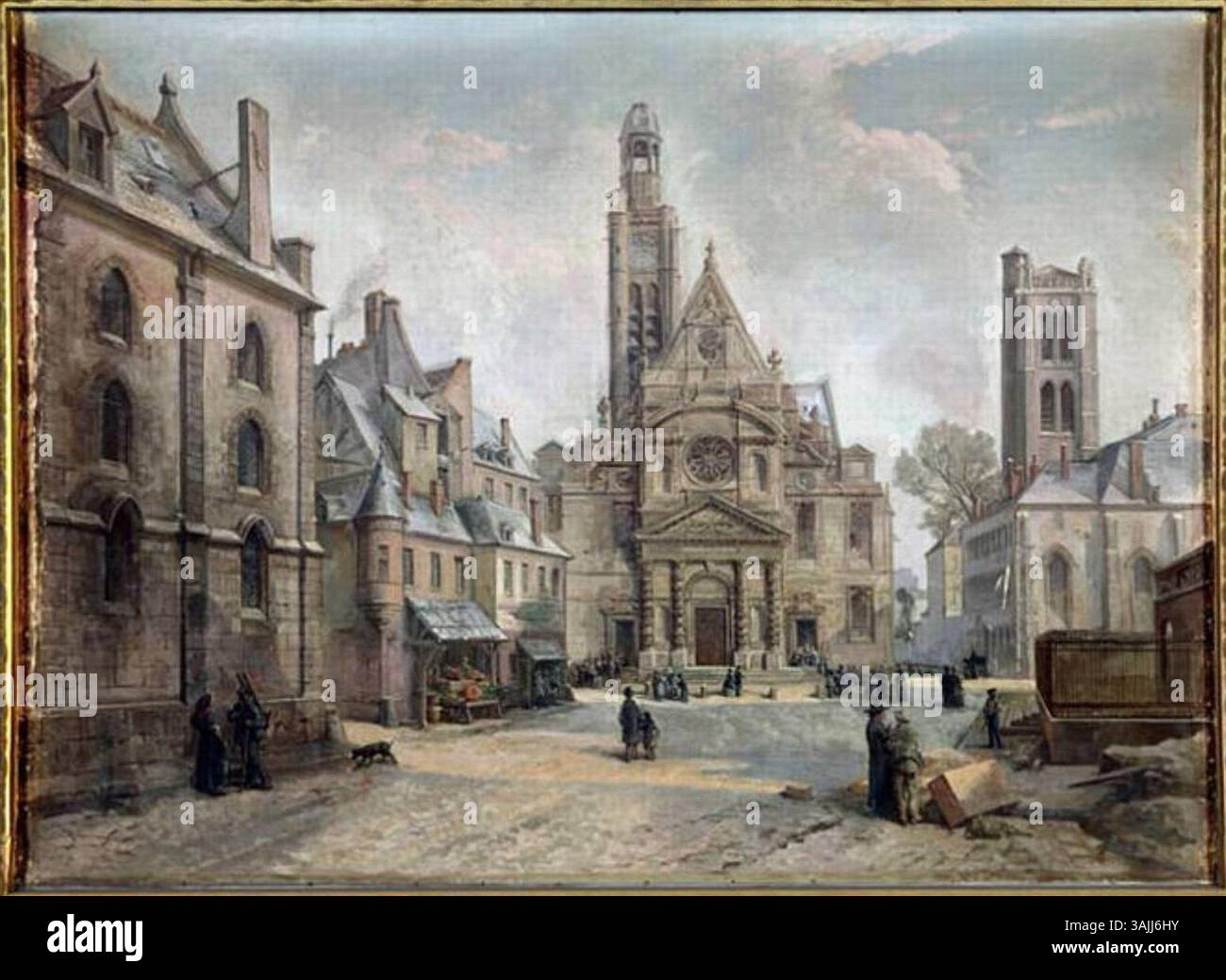 Ce tableau d’Armand Bernard représente le Collège Henri IV à Paris, mettant en valeur l’église Saint-Étienne-du-Mont et la Tour Clovis. Elle a été peinte entre 1880 et 1882 et se trouve aujourd'hui au Musée Condé. Banque D'Images