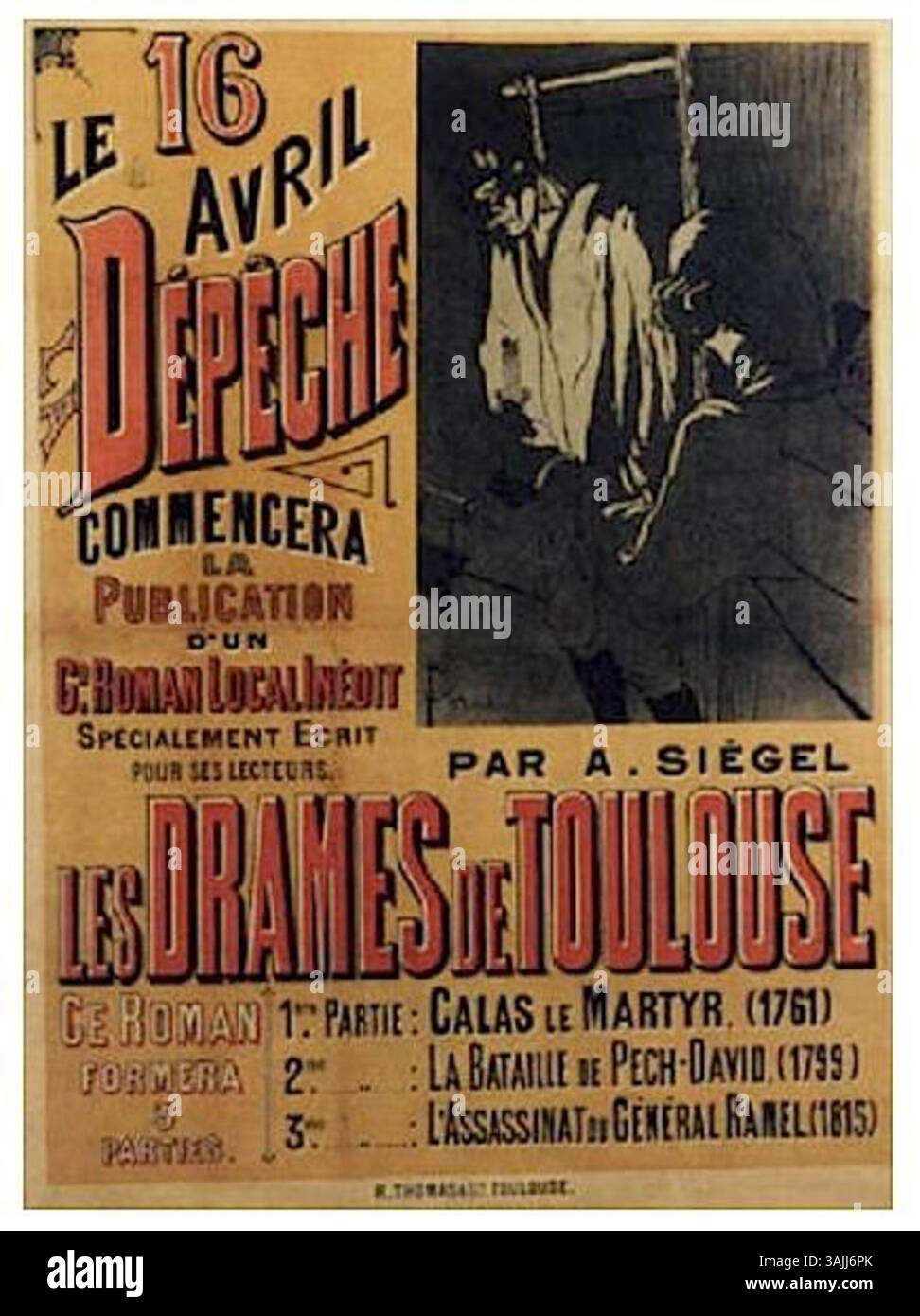 Conception d'affiche par Henri de Toulouse-Lautrec pour 'le pendu', une estampe lithographique toulousaine dramatique de 1892. Il a été produit pour 'les drames de Toulouse' édité par la Dépêche. L’œuvre a été imprimée par Cassan fils et commandée par Arthur Huc, capturant un sujet dramatique dans le contexte culturel toulousain. Banque D'Images