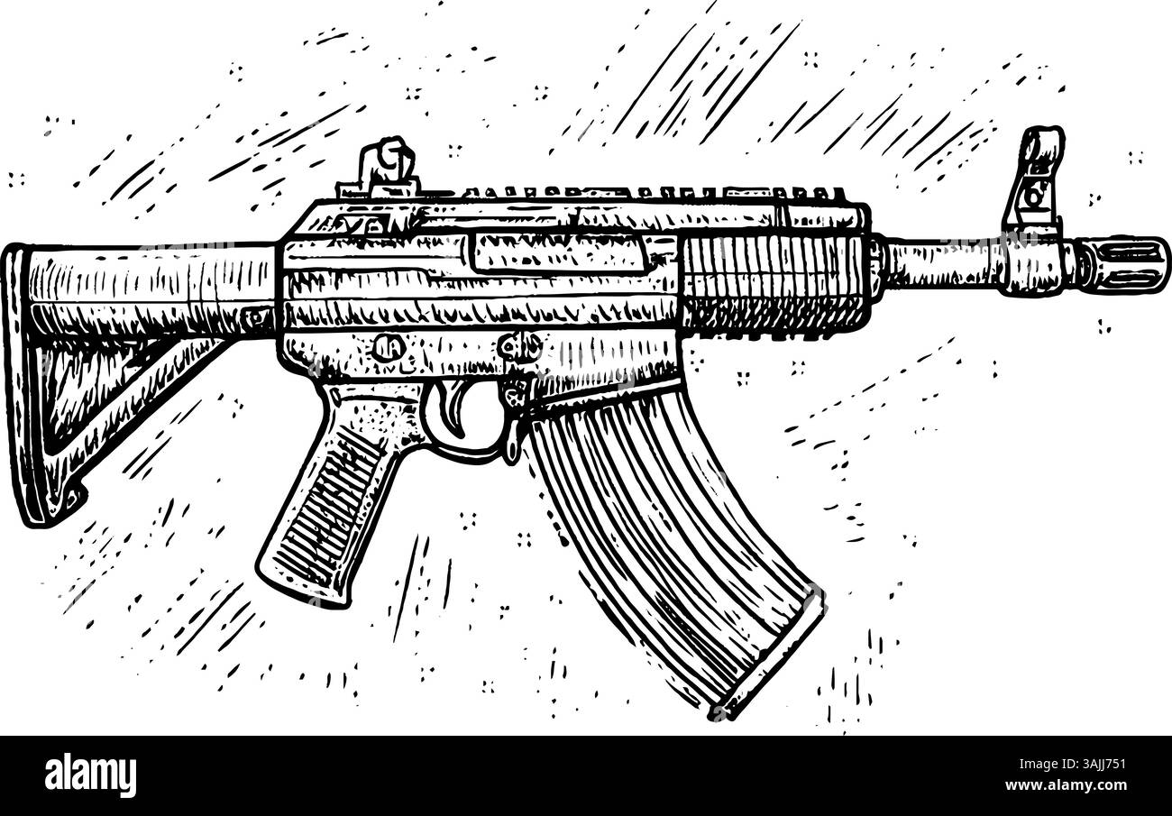 Un croquis détaillé d'un fusil d'assaut moderne, présentant ses caractéristiques telles que le magazine, le stock et la vue. L'illustration a un style dessiné à la main avec ombrage et texture. Illustration de Vecteur