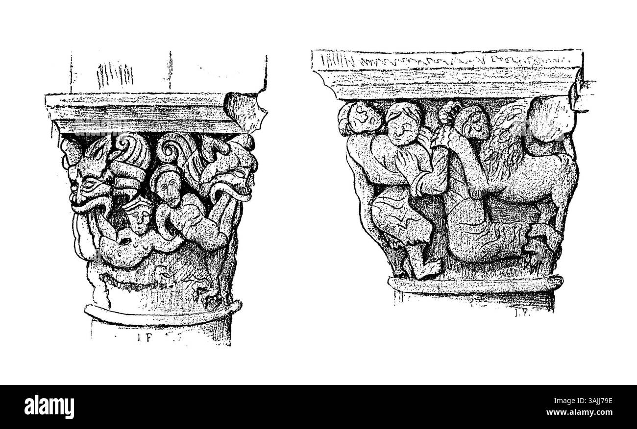 Deuxième croquis de l'abbé J. Faurie montrant les chapiteaux du XIe siècle de l'église abbatiale de Meymac. Cette illustration représente les détails complexes des histoires bibliques, y compris des scènes de la Genèse. Banque D'Images