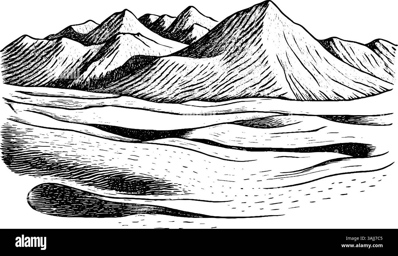 Une illustration détaillée en noir et blanc d'un paysage montagneux avec des sommets pointus et des collines ondulantes. La scène capture la texture des montagnes et la douceur du terrain en contrebas. Illustration de Vecteur