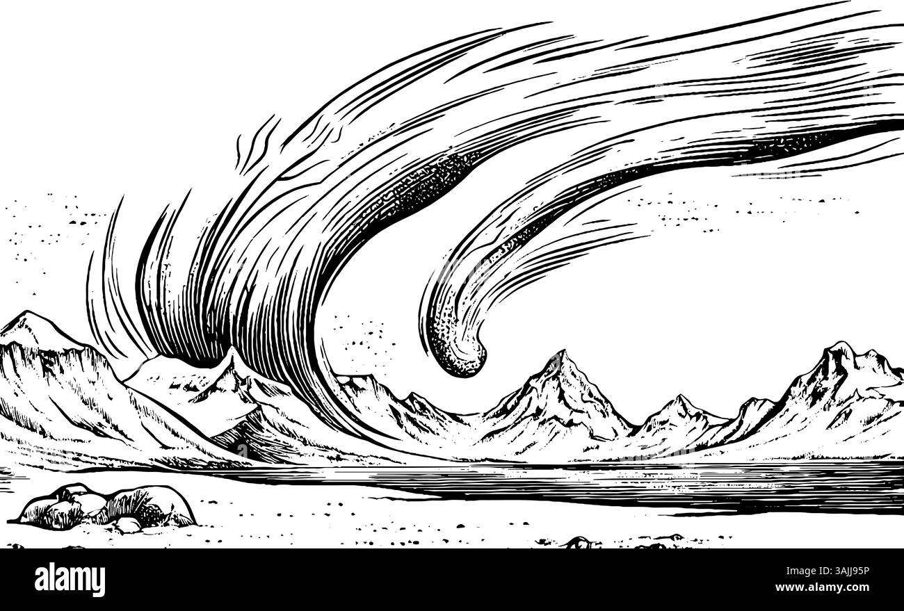 Illustration artistique d'une comète survolant un paysage montagneux, avec des nuages spectaculaires derrière elle. La scène capture un sentiment de mouvement et de grandeur dans la nature. Illustration de Vecteur