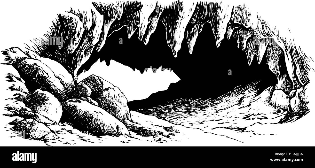 Illustration en noir et blanc d'une entrée de grotte, avec des stalactites déchiquetées suspendues au plafond et de gros rochers dispersés à l'entrée. L'intérieur de la grotte est sombre, créant une atmosphère mystérieuse. Illustration de Vecteur