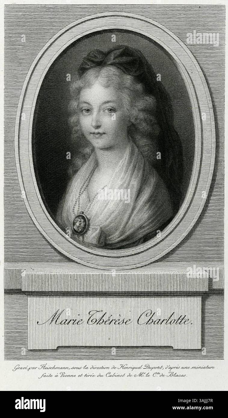 Gravure de Marie-Thérèse Charlotte de France par Fleischmann, d'après un portrait miniature de Louis Pierre Henriquel-Dupont. L'image date du XIXe siècle, représentant Marie-Thérèse Charlotte, fille du roi Louis XVI et de Marie-Antoinette. Banque D'Images