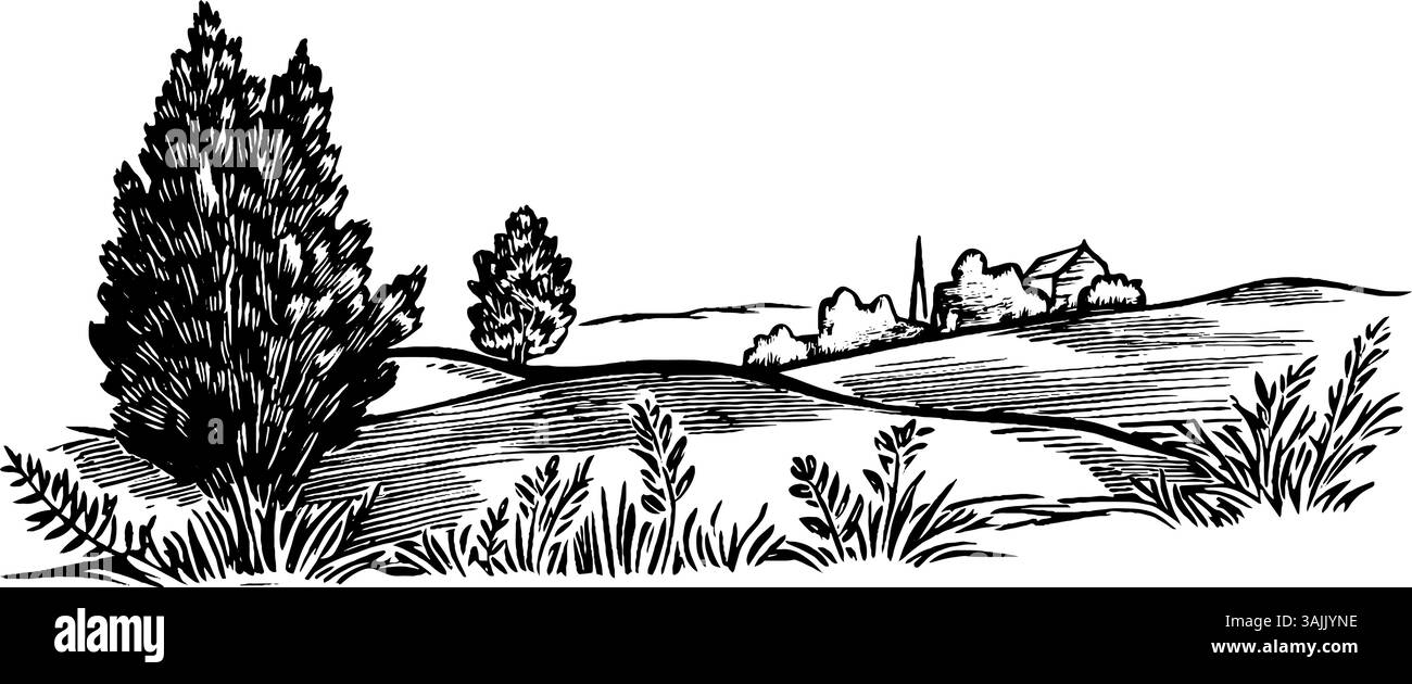 Une illustration en noir et blanc d'un paysage serein avec des collines vallonnées, des arbres et une ferme lointaine. La scène capture un cadre rural paisible avec un travail de ligne détaillé. Illustration de Vecteur