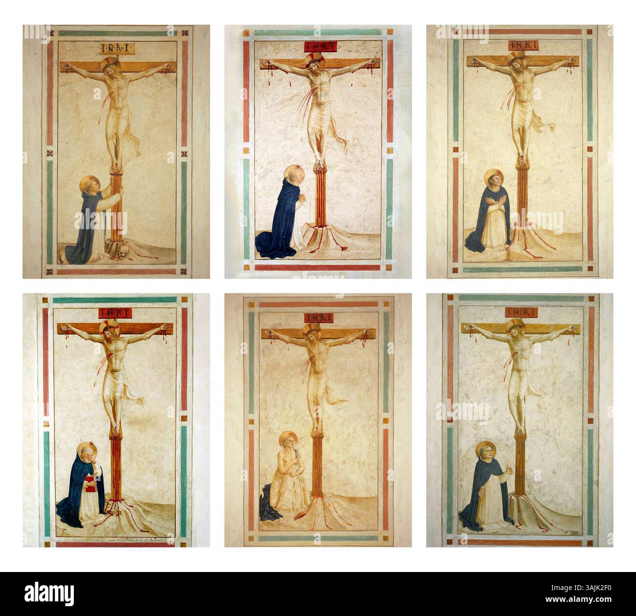 Le tableau 'Dominic at the Crucifix' de l'atelier de Fra Angelico, vers 1442, met en scène Dominic dans une pieuse pose au Crucifix. Il fait partie des œuvres de dévotion de l'artiste et est connu pour son orientation spirituelle et son iconographie détaillée. Banque D'Images